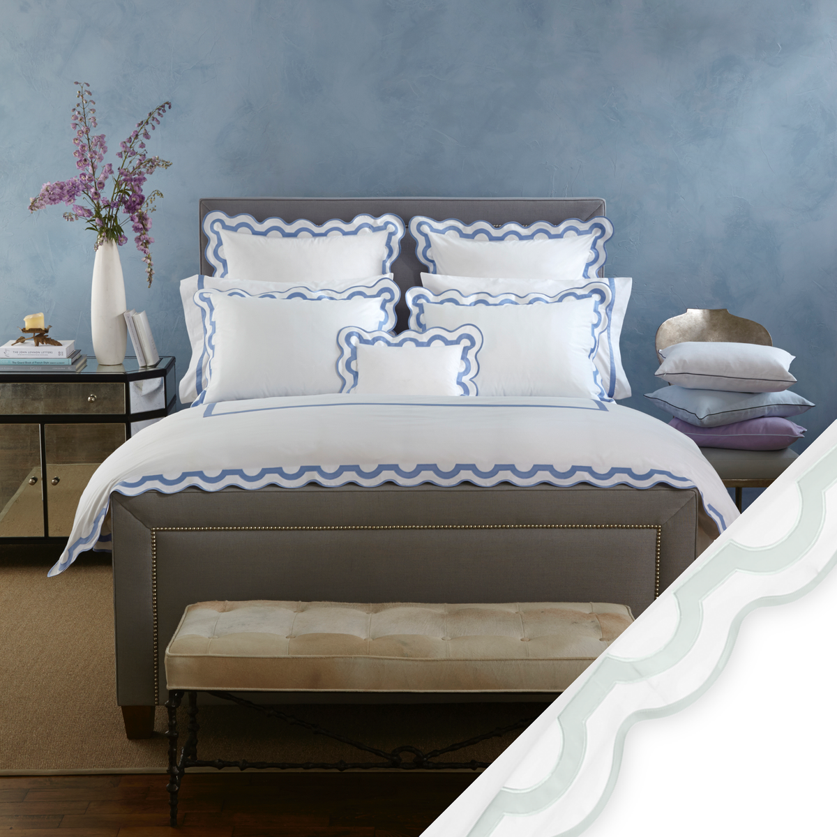 Full Bed Dressed in Matouk Mirasol Collection in Opal Color