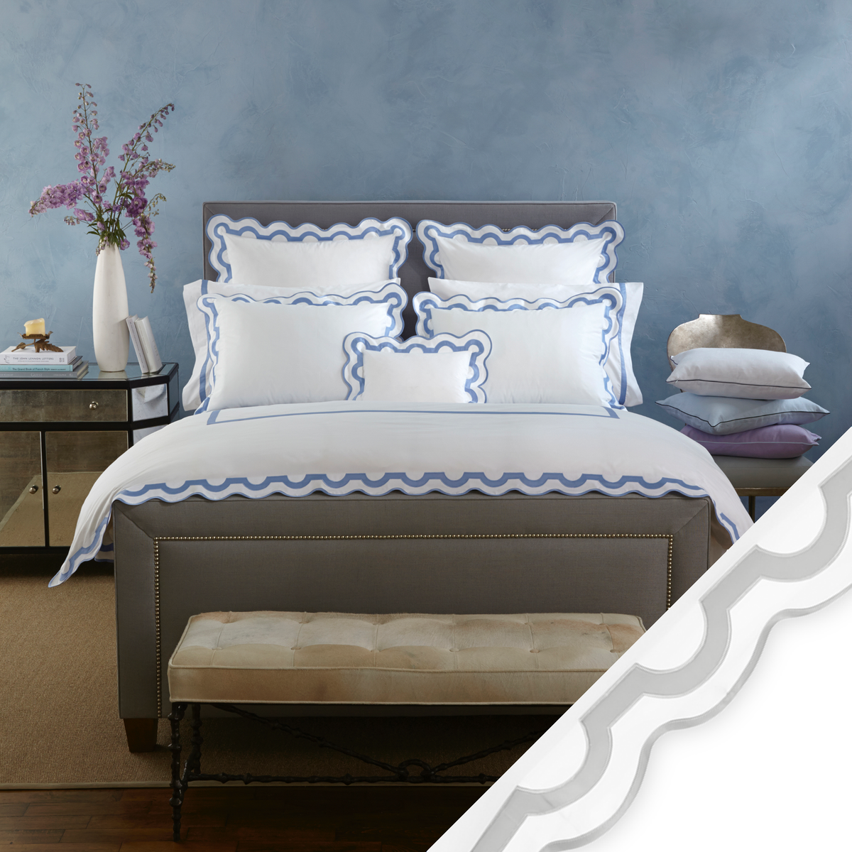 Full Bed Dressed in Matouk Mirasol Collection in Silver Color