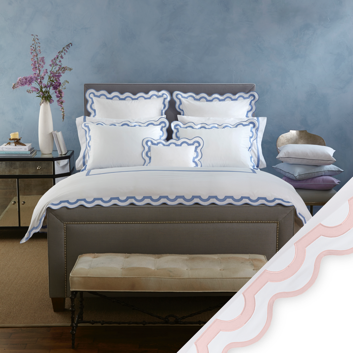 Full Bed Dressed in Matouk Mirasol Collection with Pink Swatch
