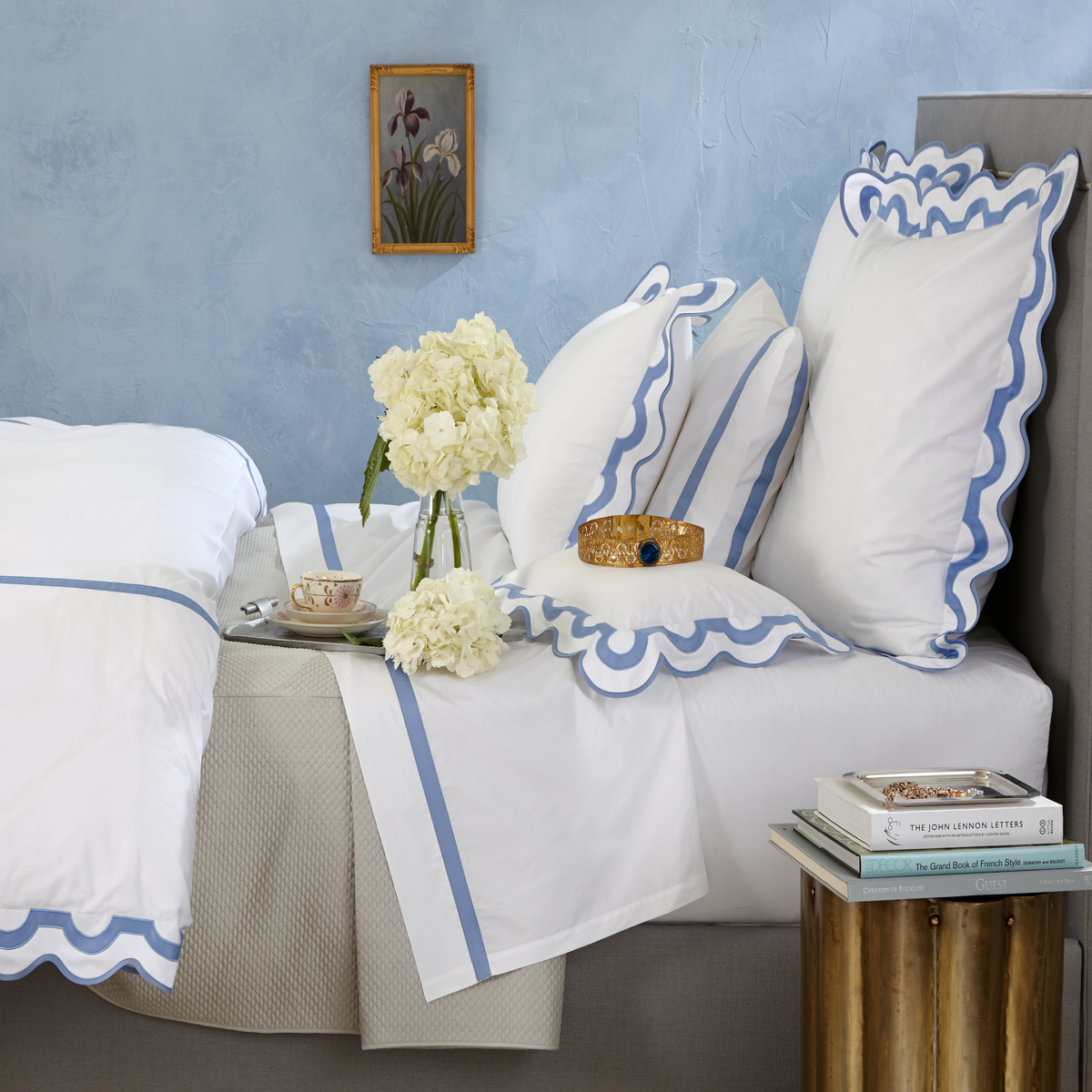 Side view of Full Bed Dressed in Matouk Mirasol Collection in Azure Color