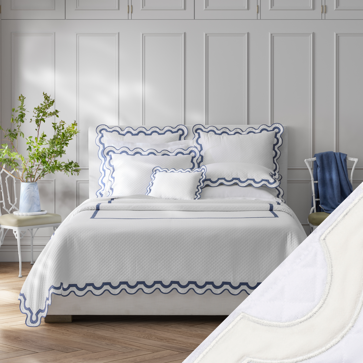 Full Bed Dressed in Matouk Mirasol Matelassé Bedding with Swatch in Bone Color