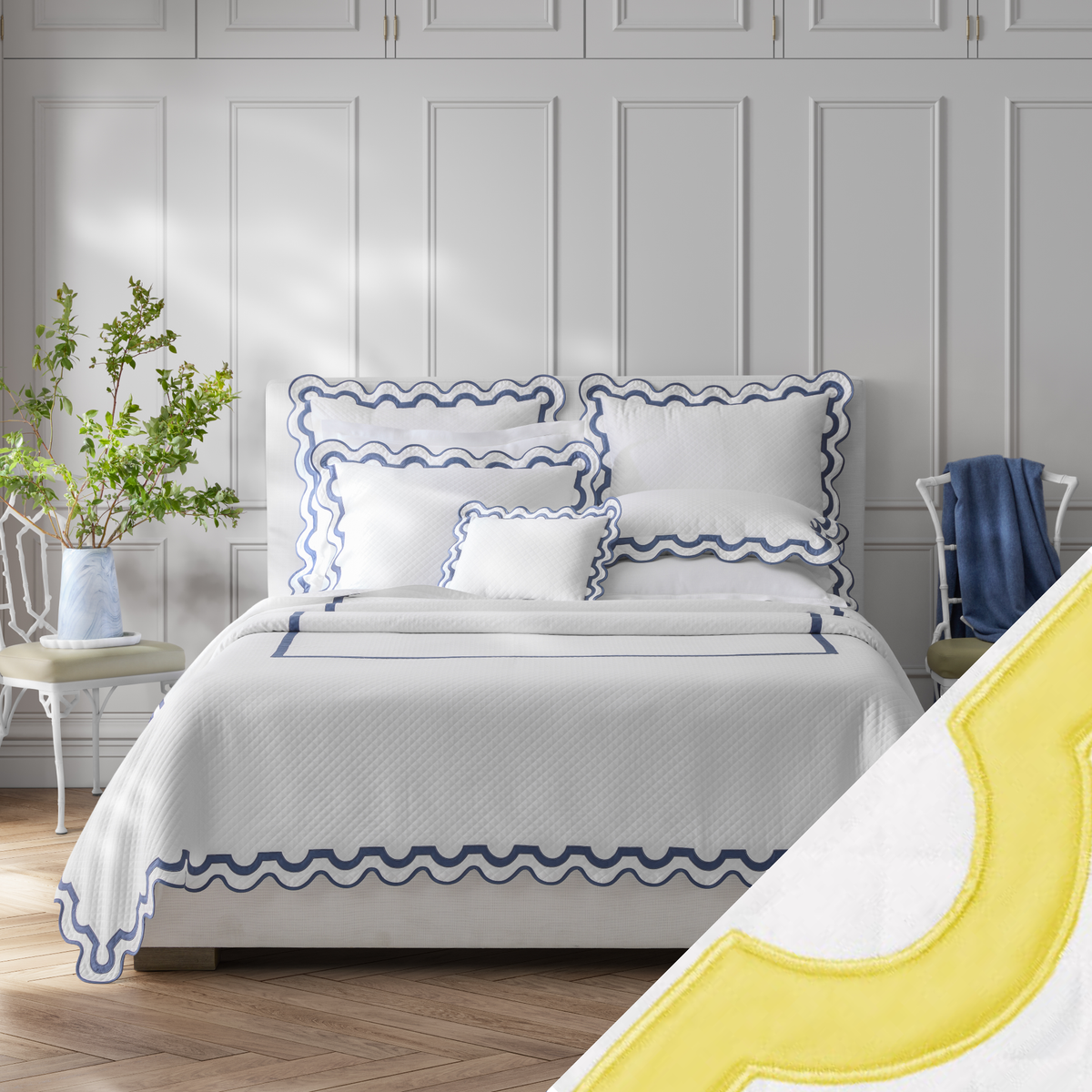 Full Bed Dressed in Matouk Mirasol Matelassé Bedding with Swatch in Lemon
