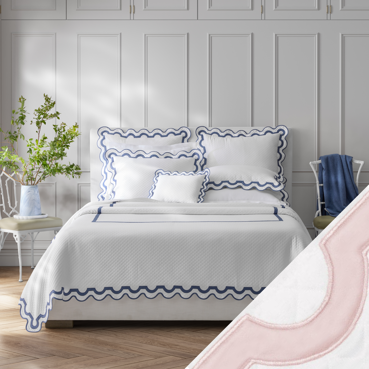 Full Bed Dressed in Matouk Mirasol Matelassé Bedding with Swatch in Pink
