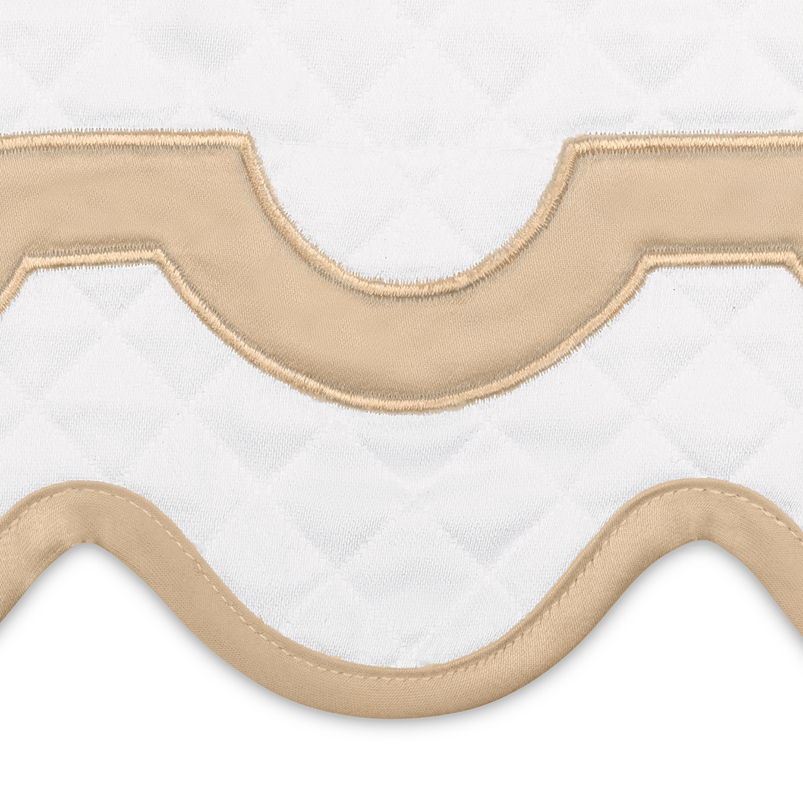 Full Bed Dressed in Matouk Mirasol Matelassé Bedding with Swatch in Champagne