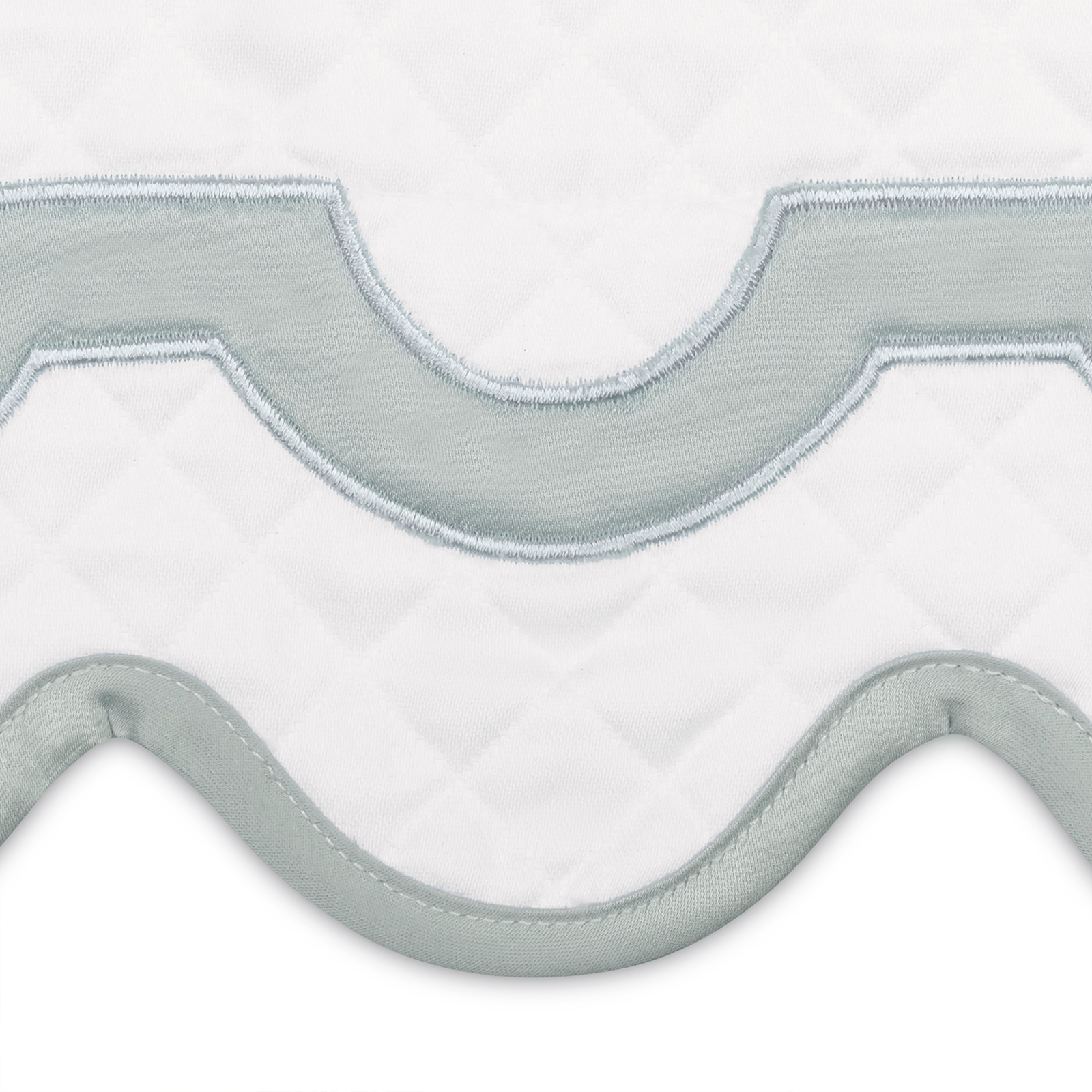 Full Bed Dressed in Matouk Mirasol Matelassé Bedding with Swatch in Pool