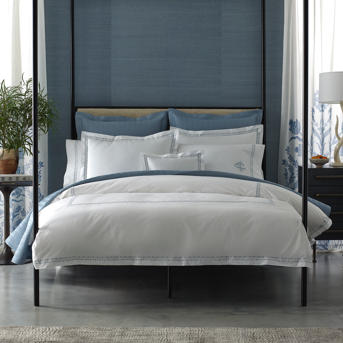 Full Bed Coordinated with Matouk Netto and Prado Bedding both in Hazy Blue Color
