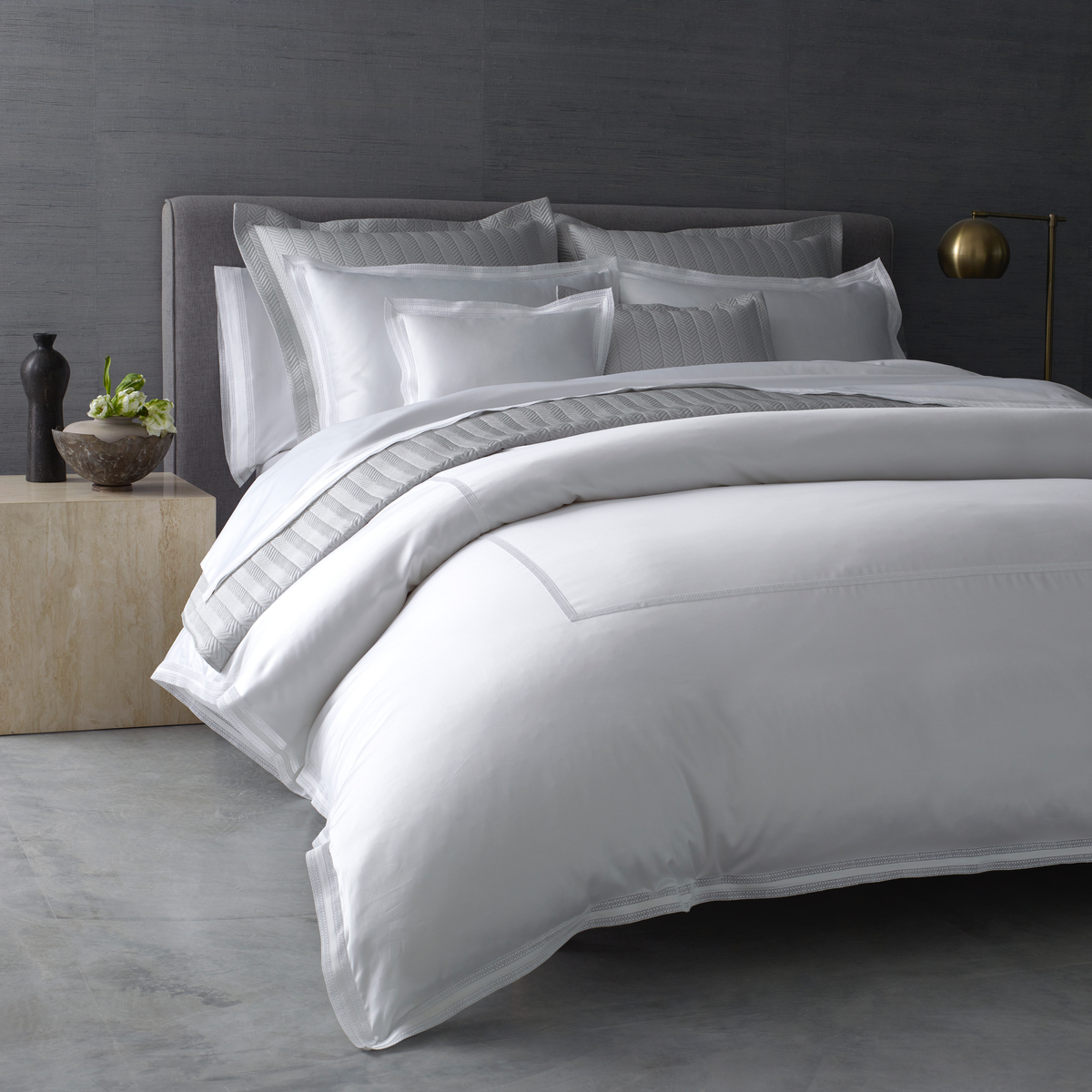 Full Bed Coordinated with Matouk Netto in Silver and Grace in White Color