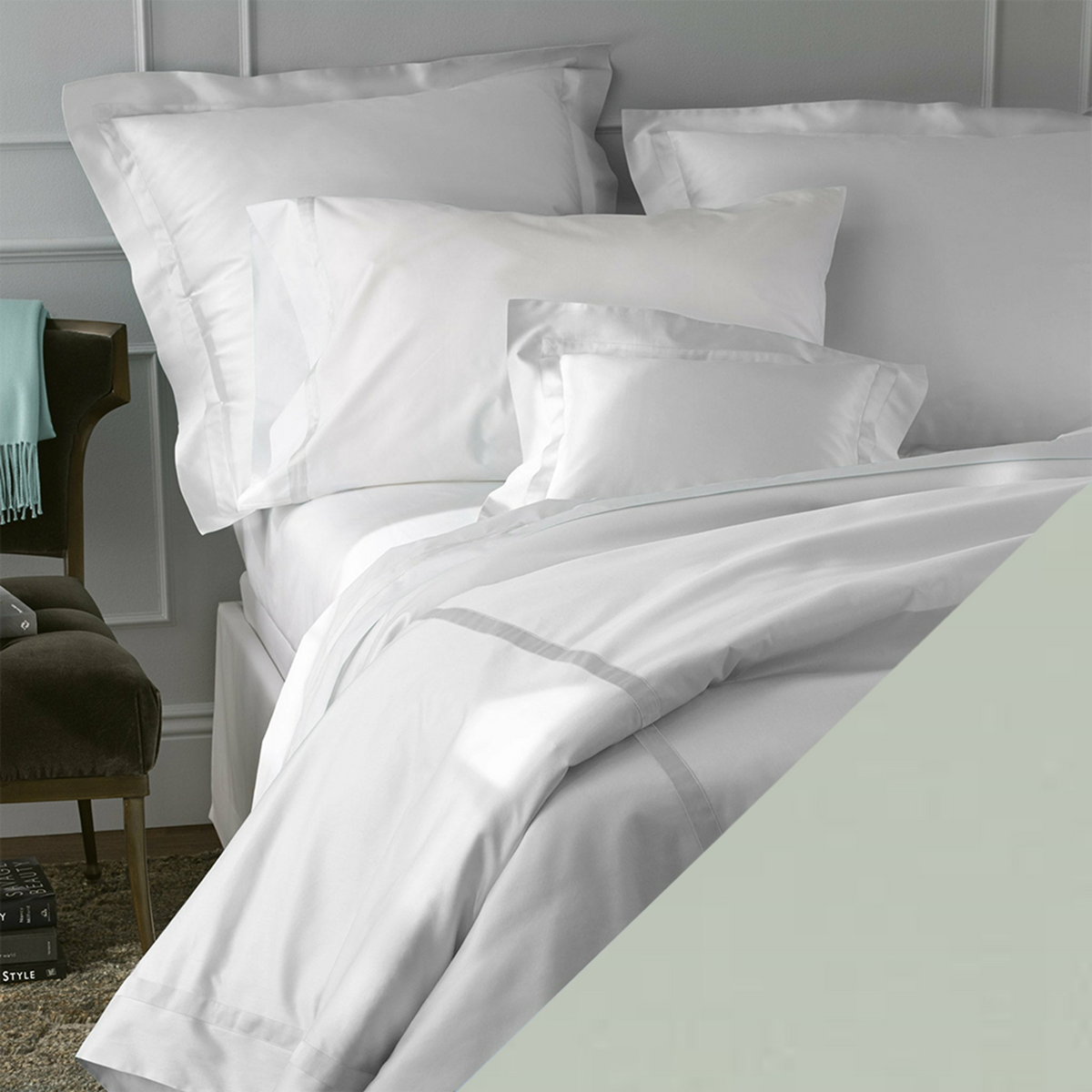 Matouk Nocturne Bedding Collection with Swatch in Celadon Color