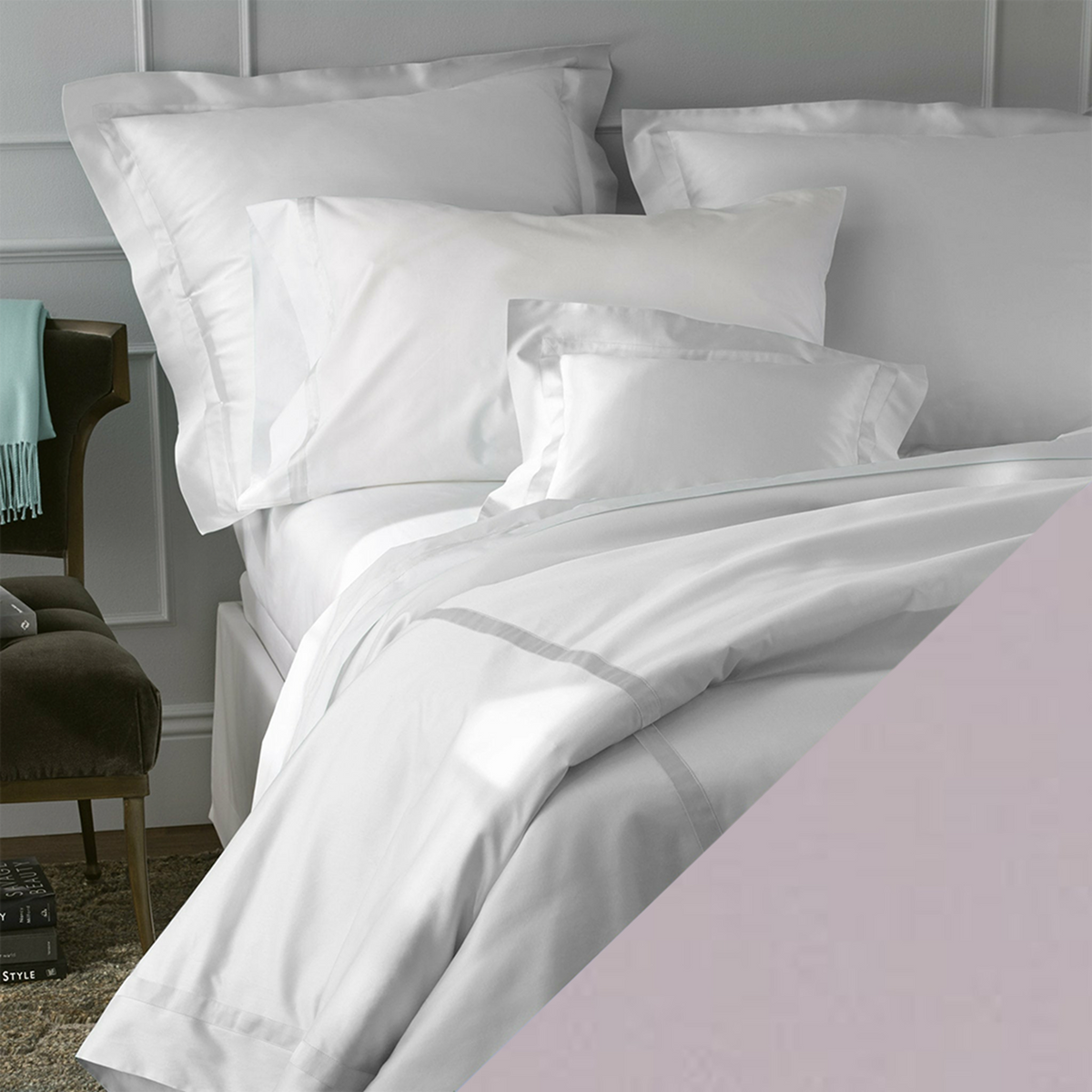 Matouk Nocturne Bedding Collection with Swatch in Deep Lilac Color