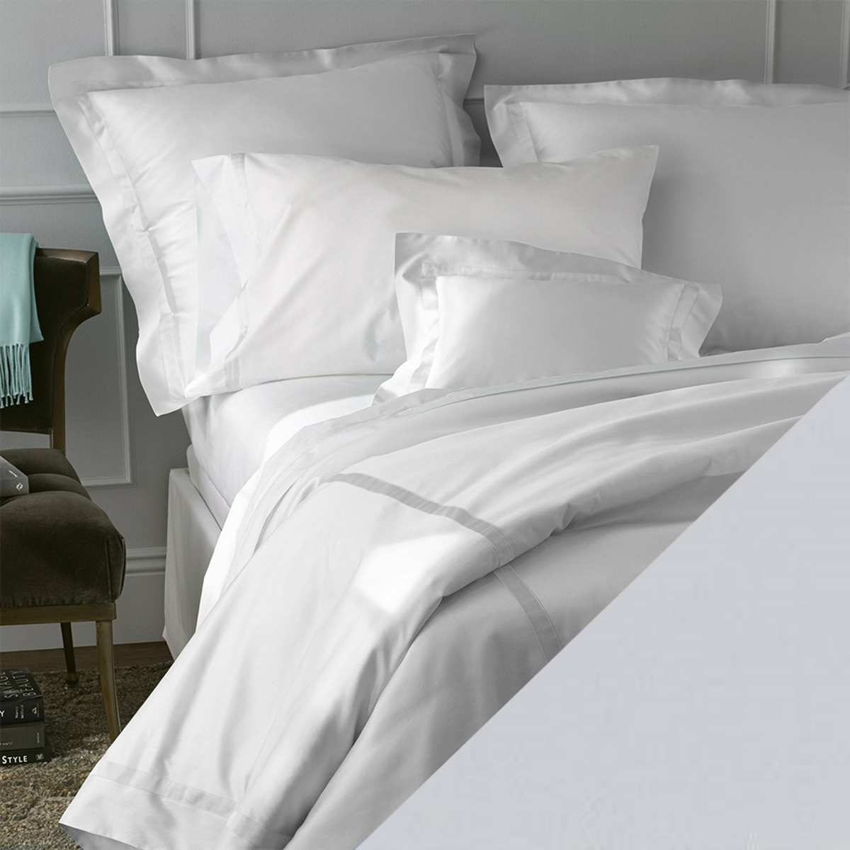 Matouk Nocturne Bedding Collection with Swatch in Dove Color