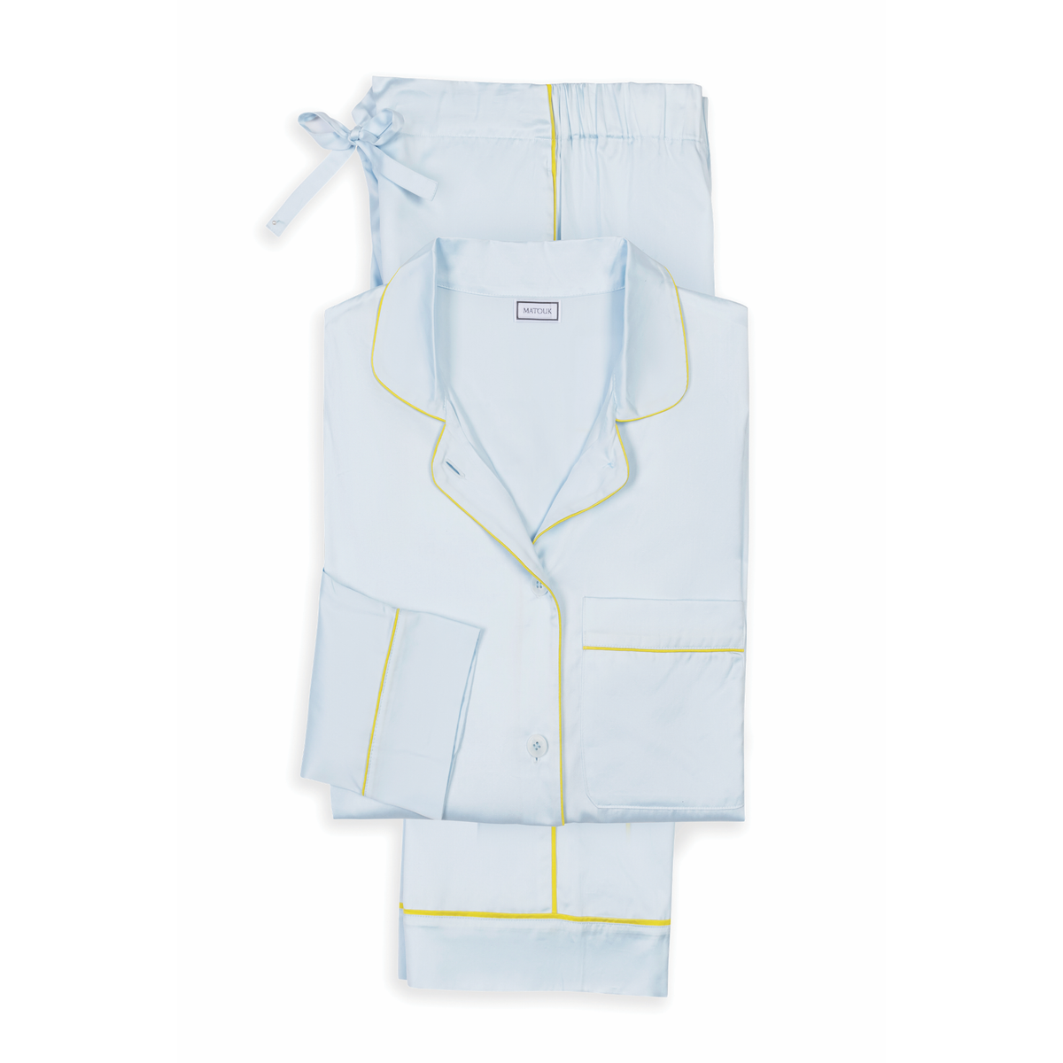 Laid Flat Matouk Nocturne Pajama Set in Color Blue and Lemon