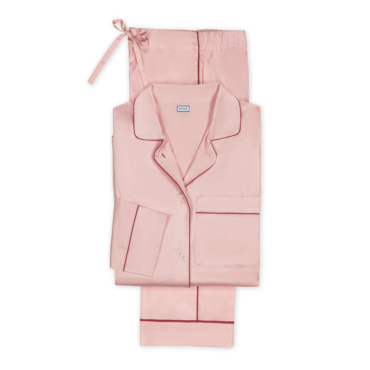 Laid Flat Matouk Nocturne Pajama Set in Color Pink and Scarlet