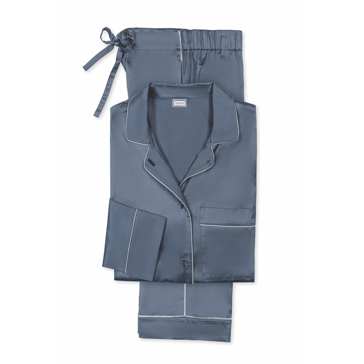 Laid Flat Matouk Nocturne Pajama Set in Color Steel Blue and Dove