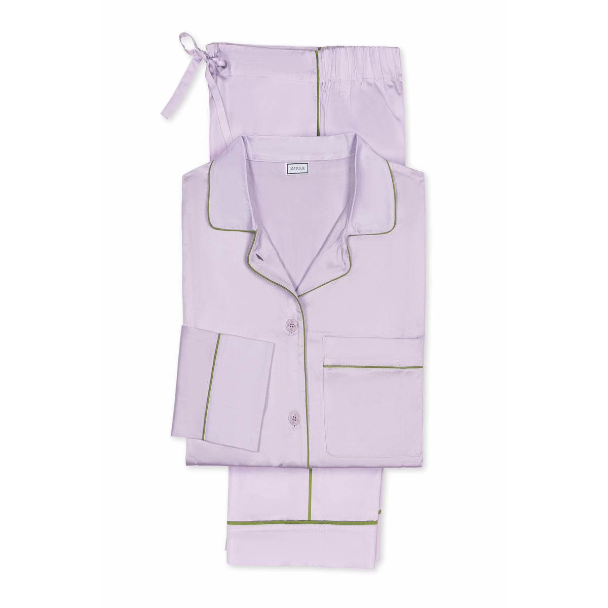 Laid Flat Matouk Nocturne Pajama Set in Color Violet and Grass