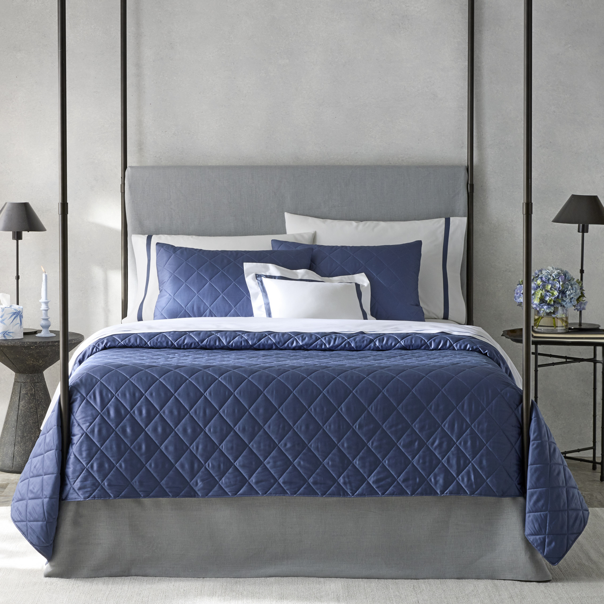 Matouk Nocturne Quilted Bedding Lifestyle Full Front Bed Steel Blue