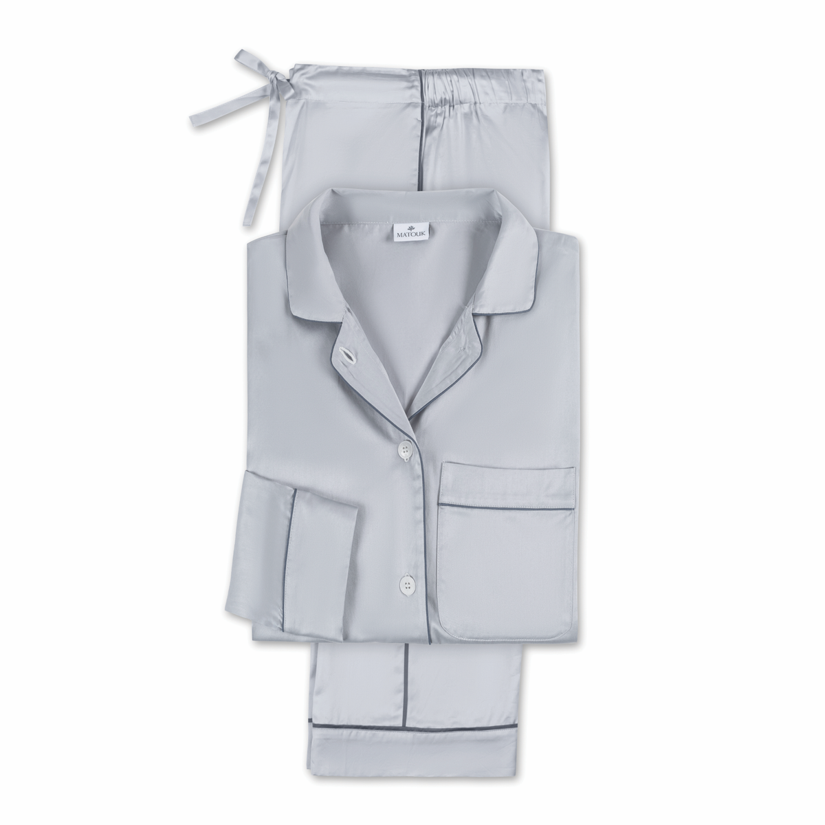 Laid Flat Matouk Nocturne Pajama Set in Dove and Steel Blue