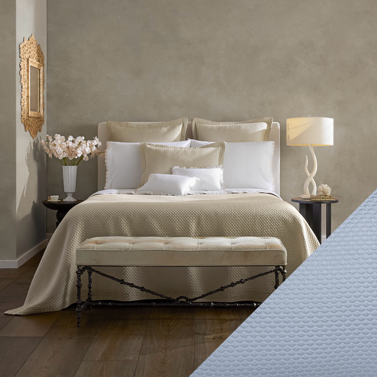 Bed in Almond Matouk Perla Bedding with Hazy Blue swatch