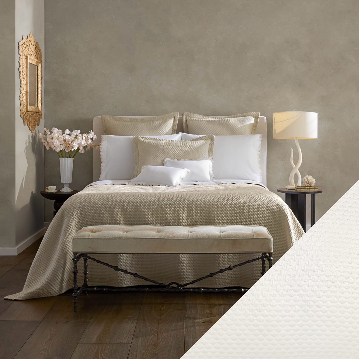 Bed in Almond Matouk Perla Bedding with Ivory swatch