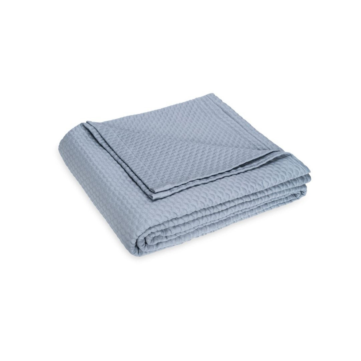 A neatly folded light blue 100% cotton blanket set on a plain white background.