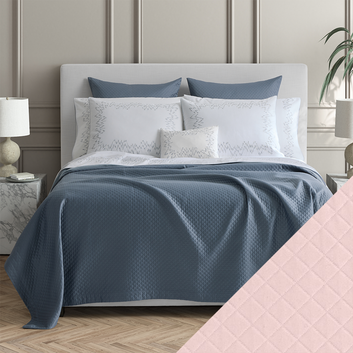 Bed Dressed in Matouk Petra Bedding with Swatch in Color Pink
