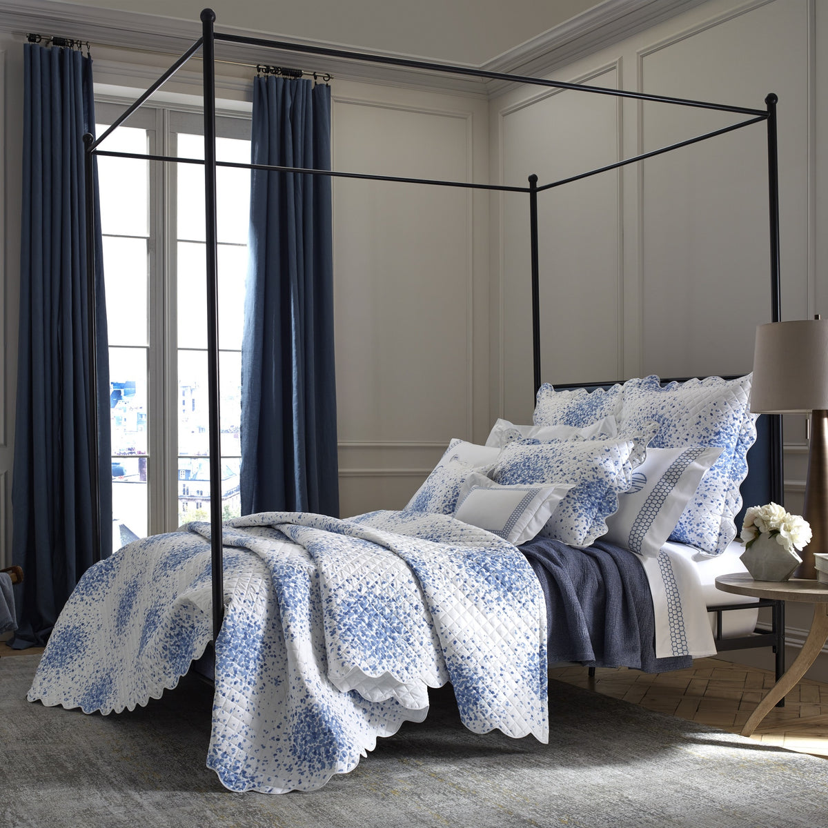 Full Bed with Matouk Poppy Shams and Coverlet in Azure Color Together with Liana Collection