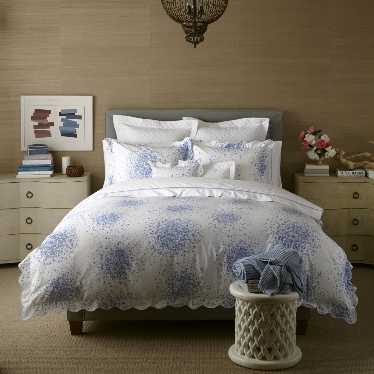 Full Bed Dressed in Matouk Poppy Bedding in Azure Color