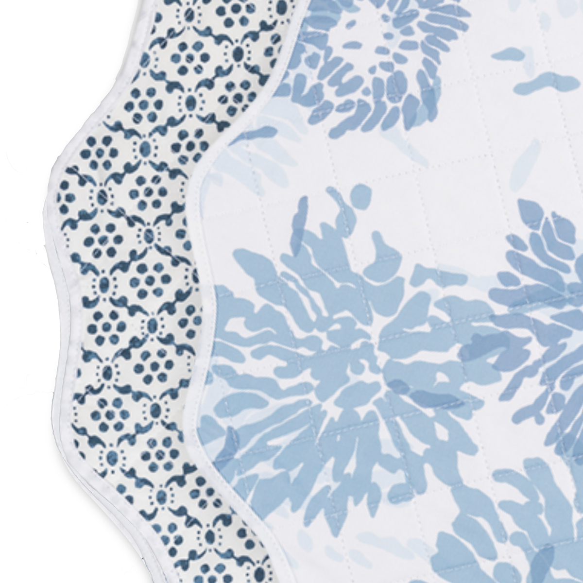 Closeup of Matouk Reversible Placemat Collection in Chrysanthemum Blue and Laksha Indigo colors