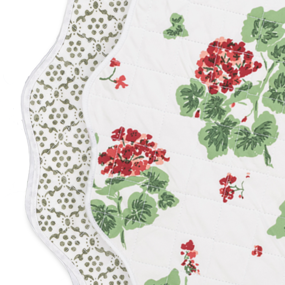 Closeup of Matouk Reversible Placemat Collection in Geranium Scarlet and Laksha Moss colors