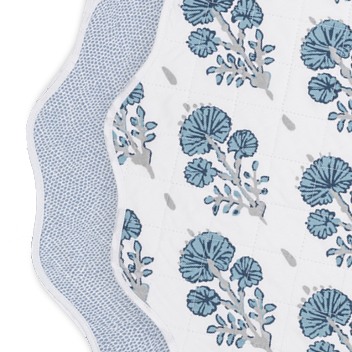 Closeup of Matouk Reversible Placemat Collection in Joplin Mineral Blue and Jasper Hazy Blue colors