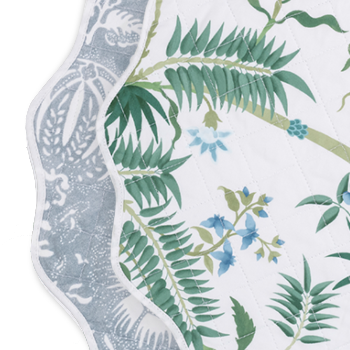Closeup of Matouk Reversible Placemat Collection in Palmyra Emerald and Granada Hazy Blue colors