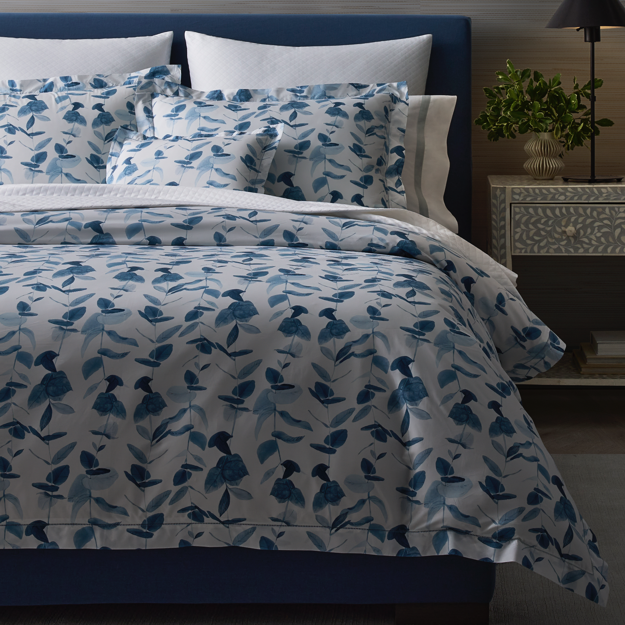 Full Bed Dressed in Matouk Schumacher Antonia Bedding in Hazy Blue Color