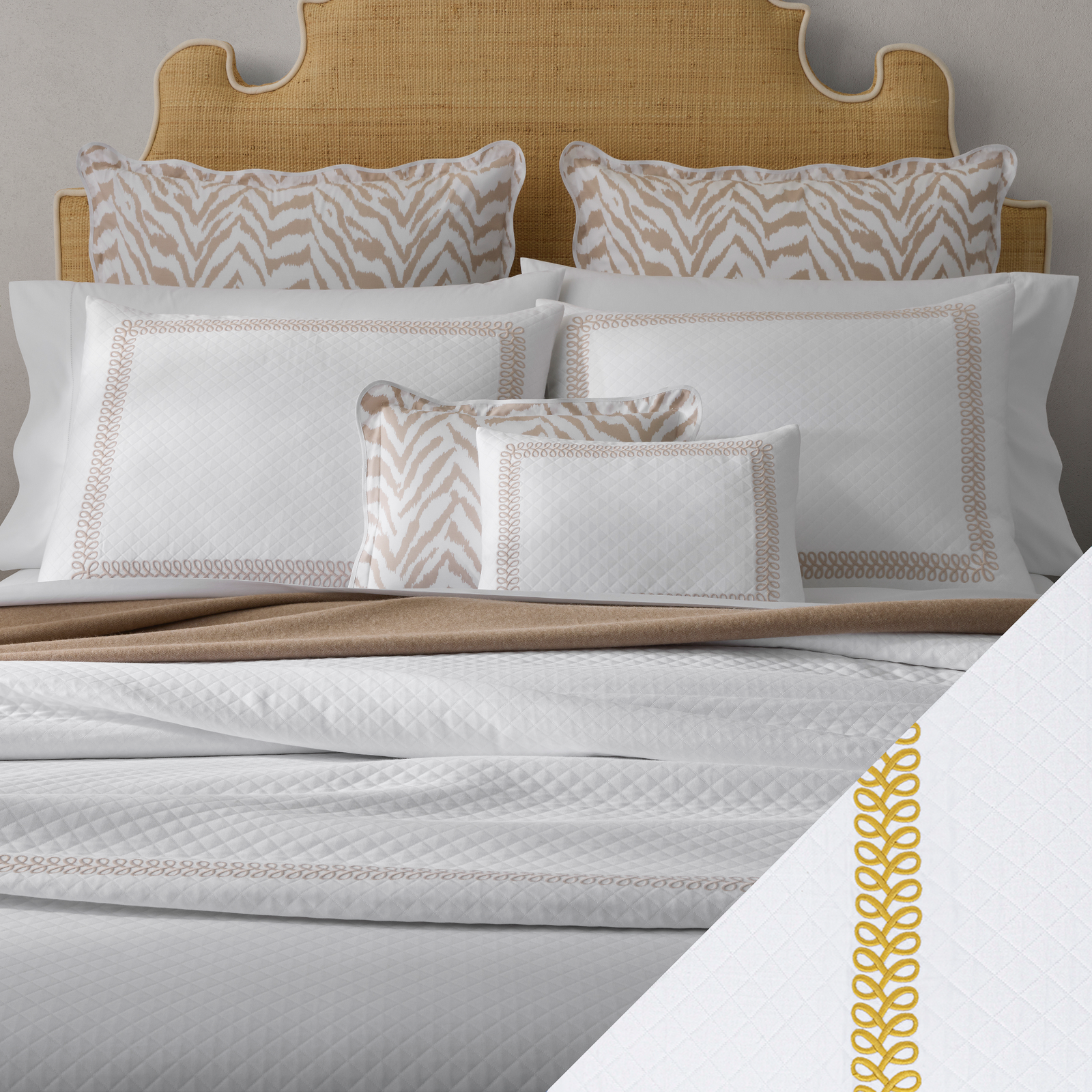 Full Bed Dressed in Matouk Schumacher Astor Braid Matelassé Bedding with Lemon Swatch 