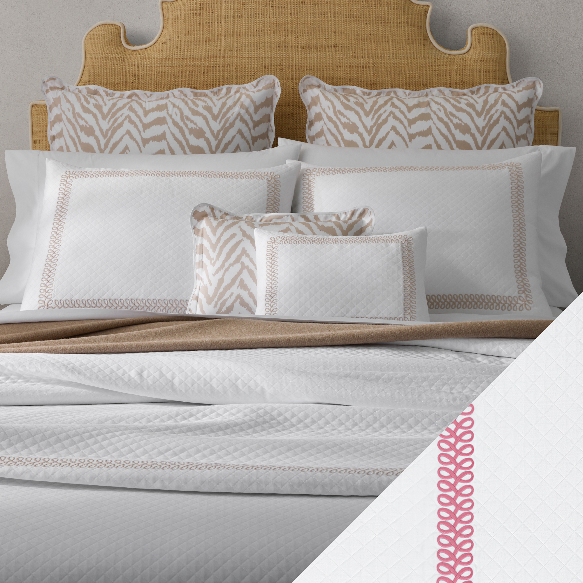 Full Bed Dressed in Matouk Schumacher Astor Braid Matelassé Bedding with Peony Swatch 