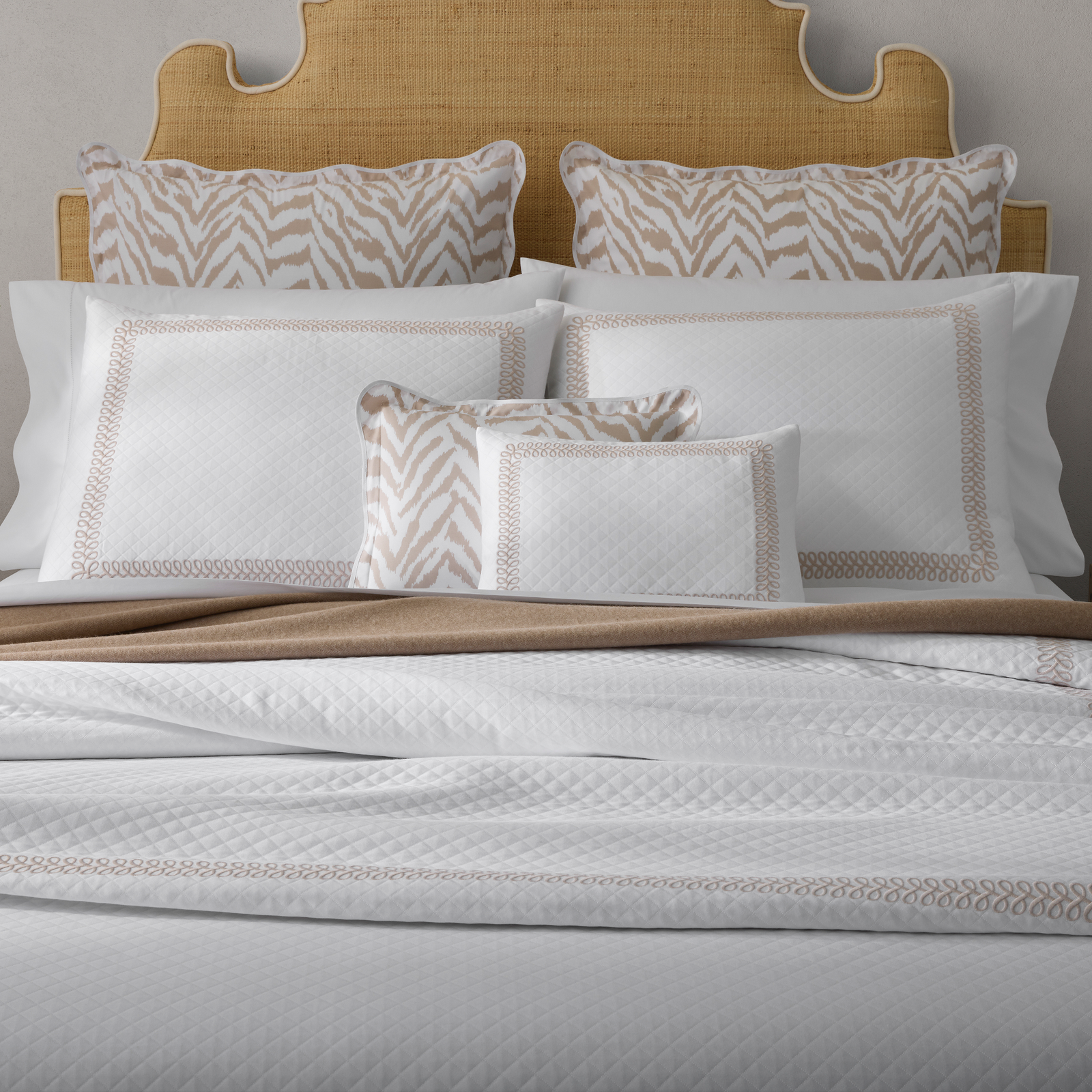 Full Bed Dressed in Matouk Schumacher Astor Braid Matelassé Bedding in Dune Color