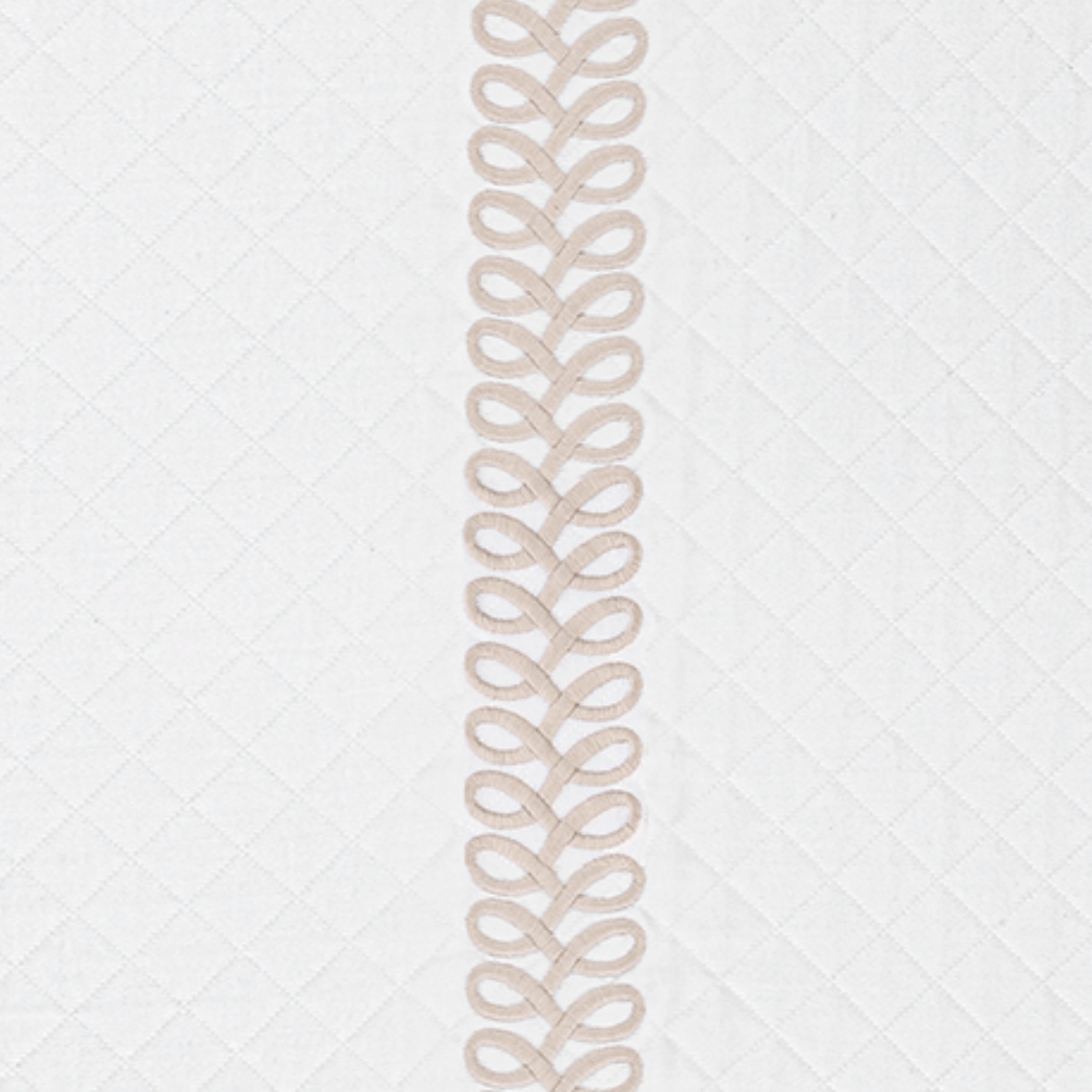 Full Bed Dressed in Matouk Schumacher Astor Braid Matelassé Bedding in Dune Color