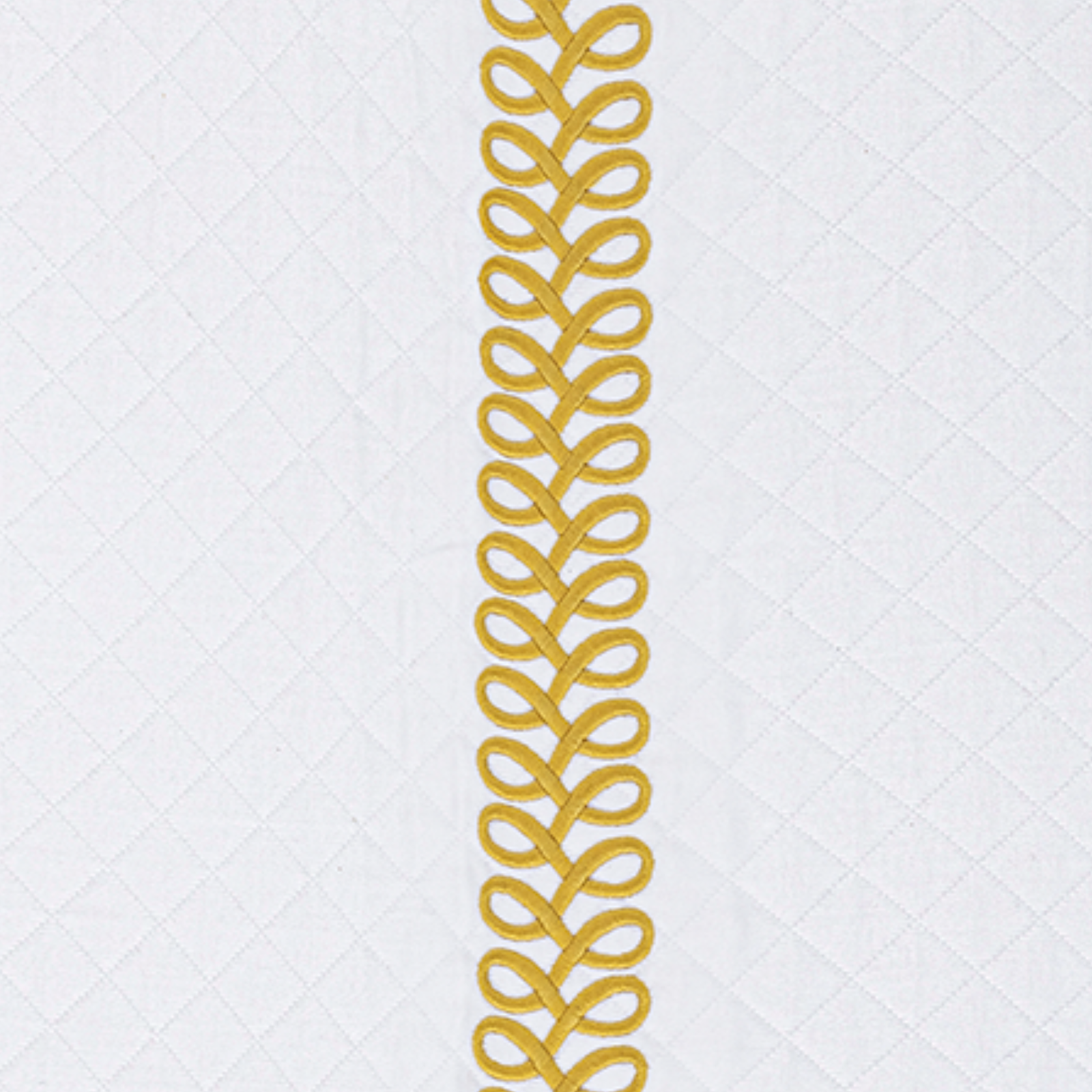 Full Bed Dressed in Matouk Schumacher Astor Braid Matelassé Bedding with Lemon Swatch 