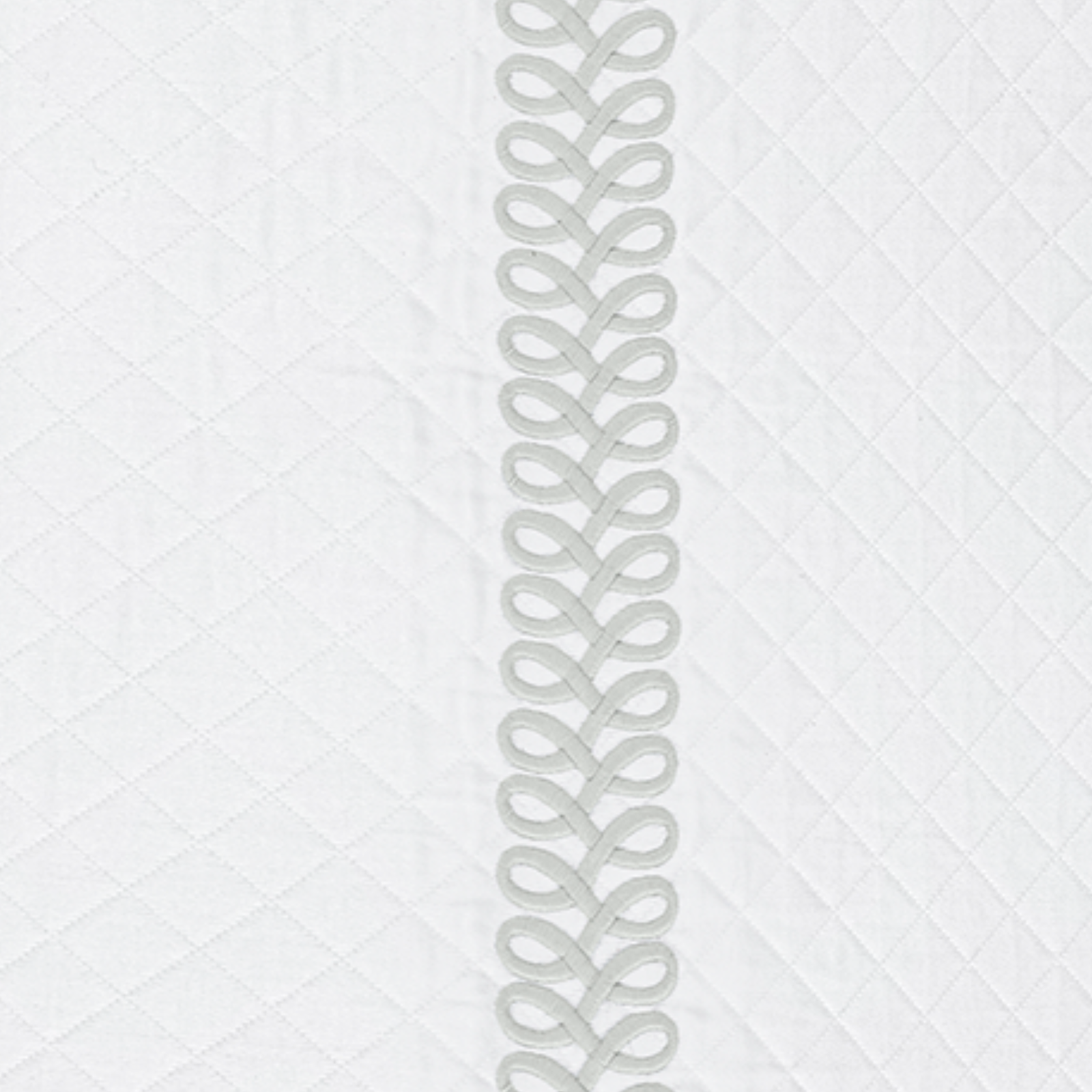 Full Bed Dressed in Matouk Schumacher Astor Braid Matelassé Bedding with Silver Swatch