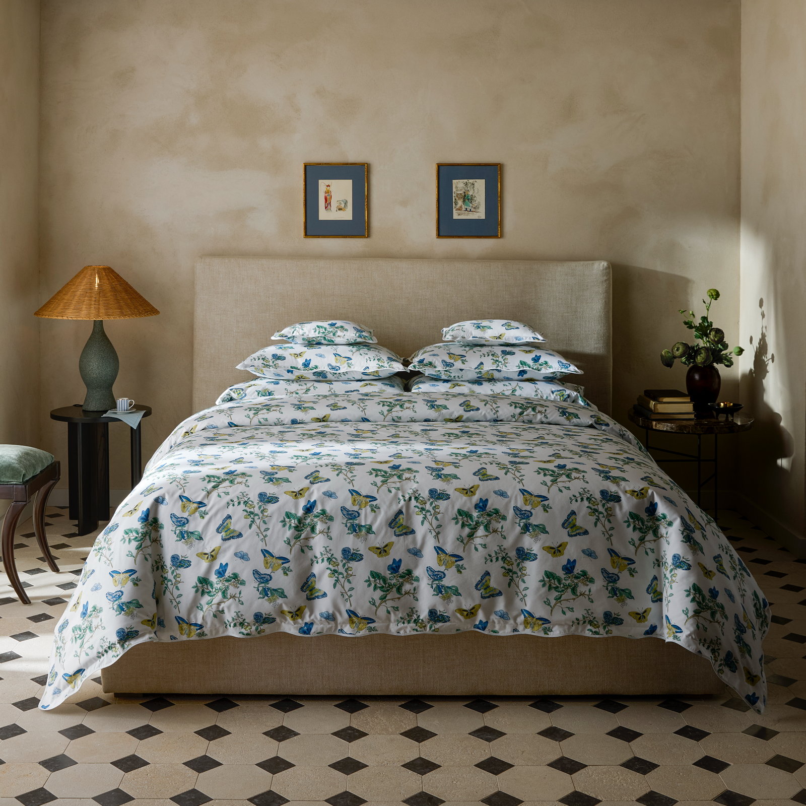Bed in Matouk Schumacher Baudin Butterfly Bedding in Prussian Blue