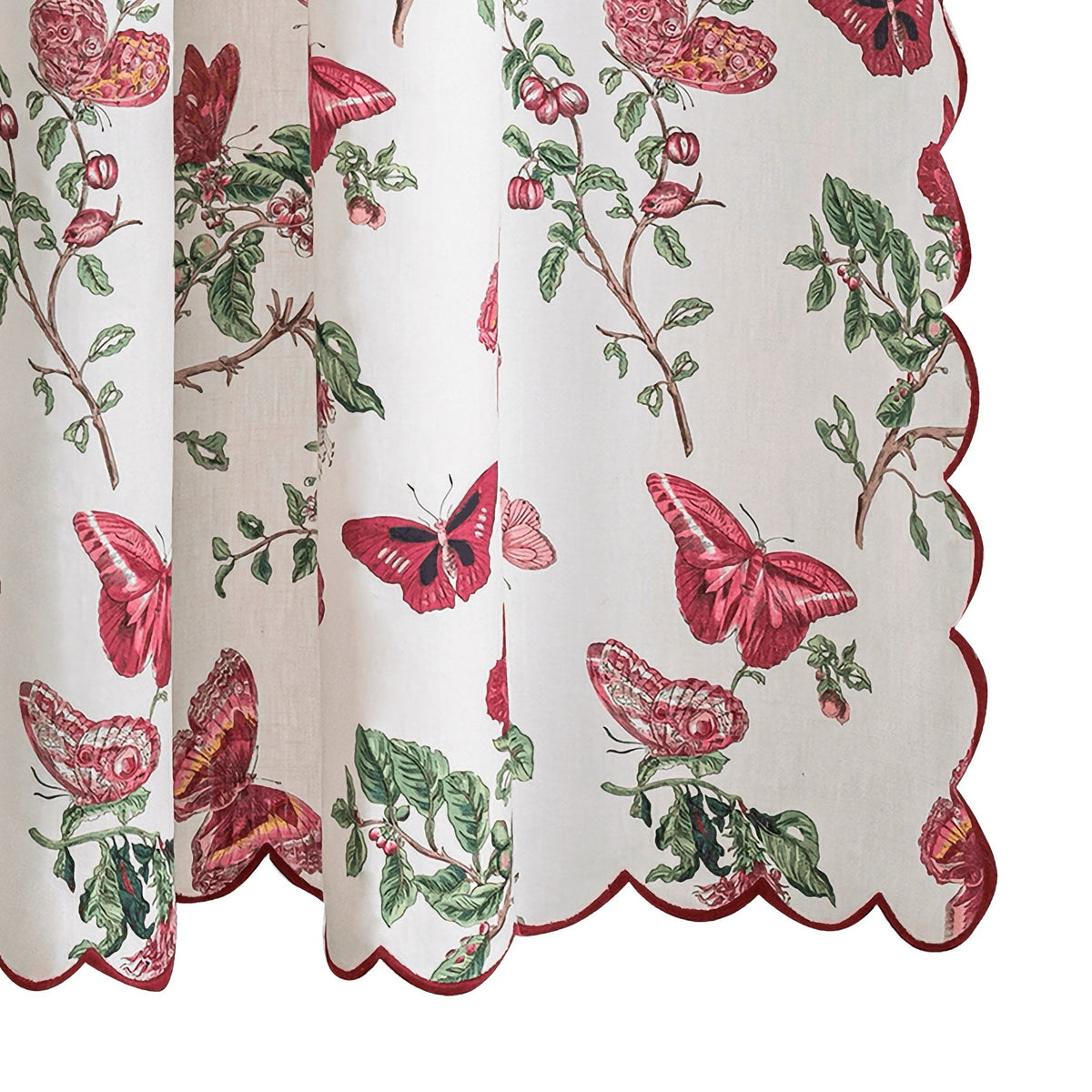 Closeup of Matouk Schumacher Baudin Butterfly Linen Shower Curtain in Ruby