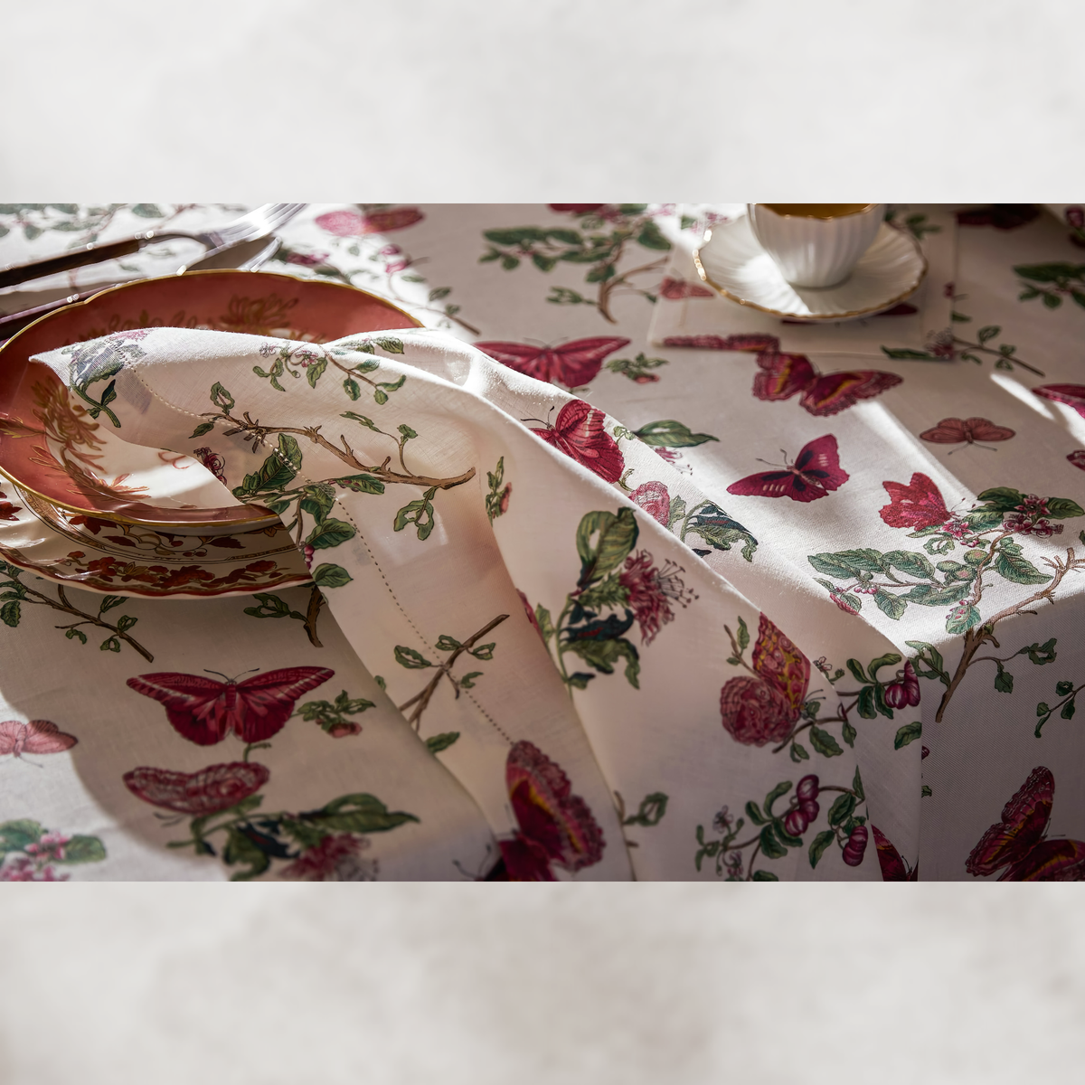 Fabric Closeup of Matouk Schumacher Baudin Butterfly Table Linens in Ruby