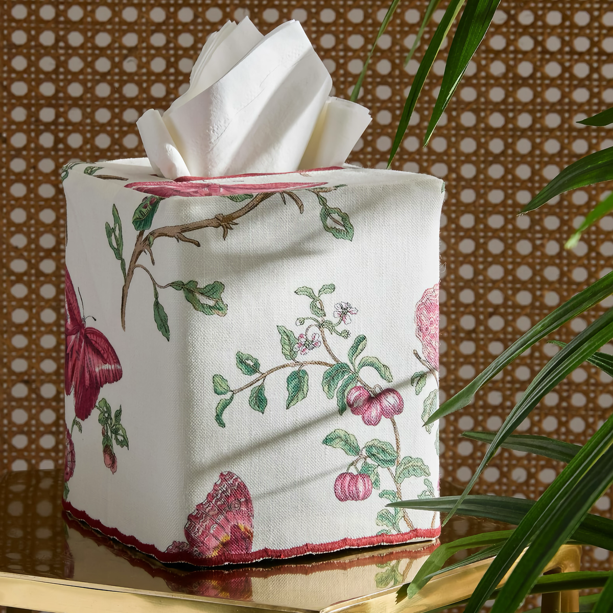 Ruby Matouk Schumacher Baudin Butterfly Tissue Box Cover on gold surface