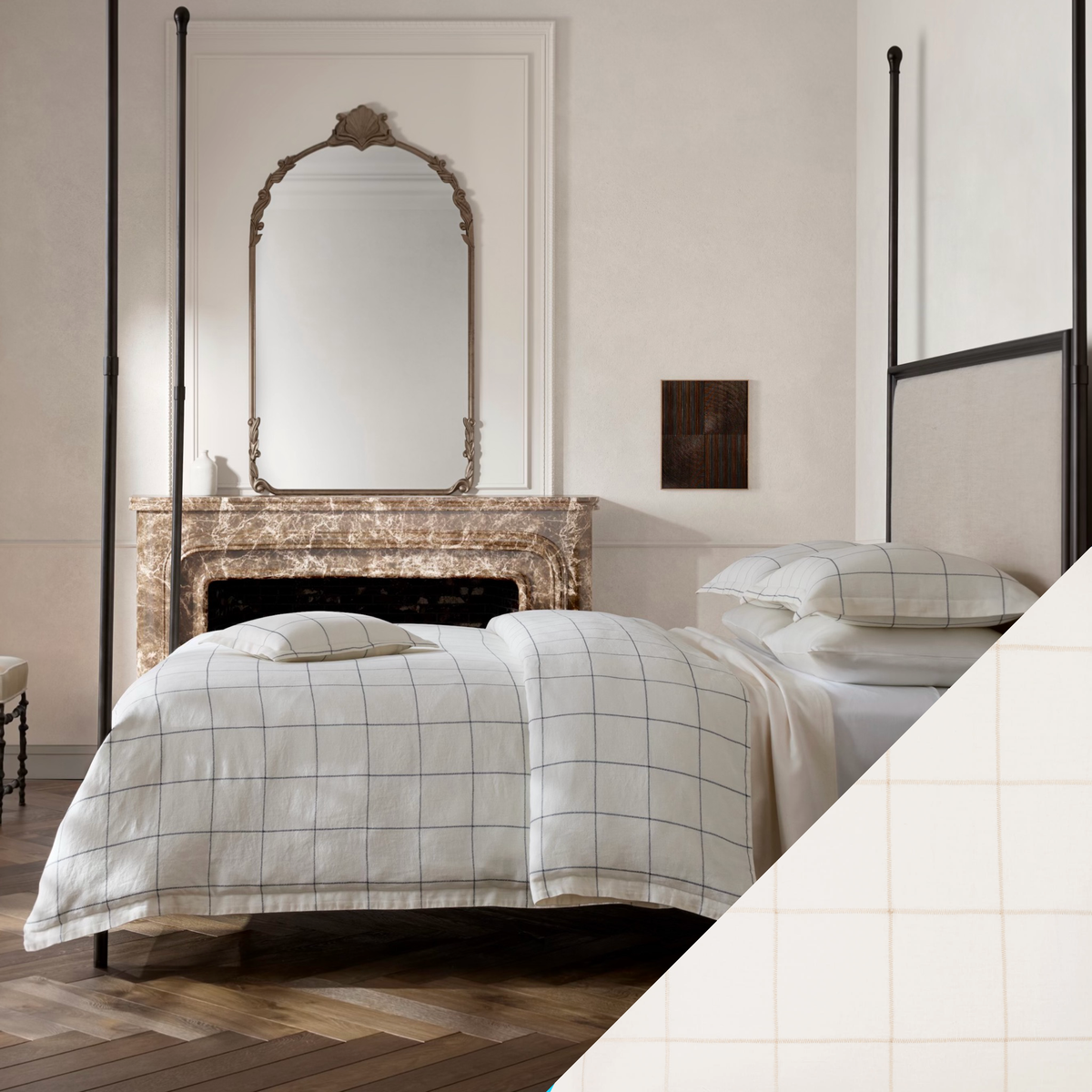 Side view of a bed with Matouk Schumacher Sebastian Bedding and Dune color swatch 