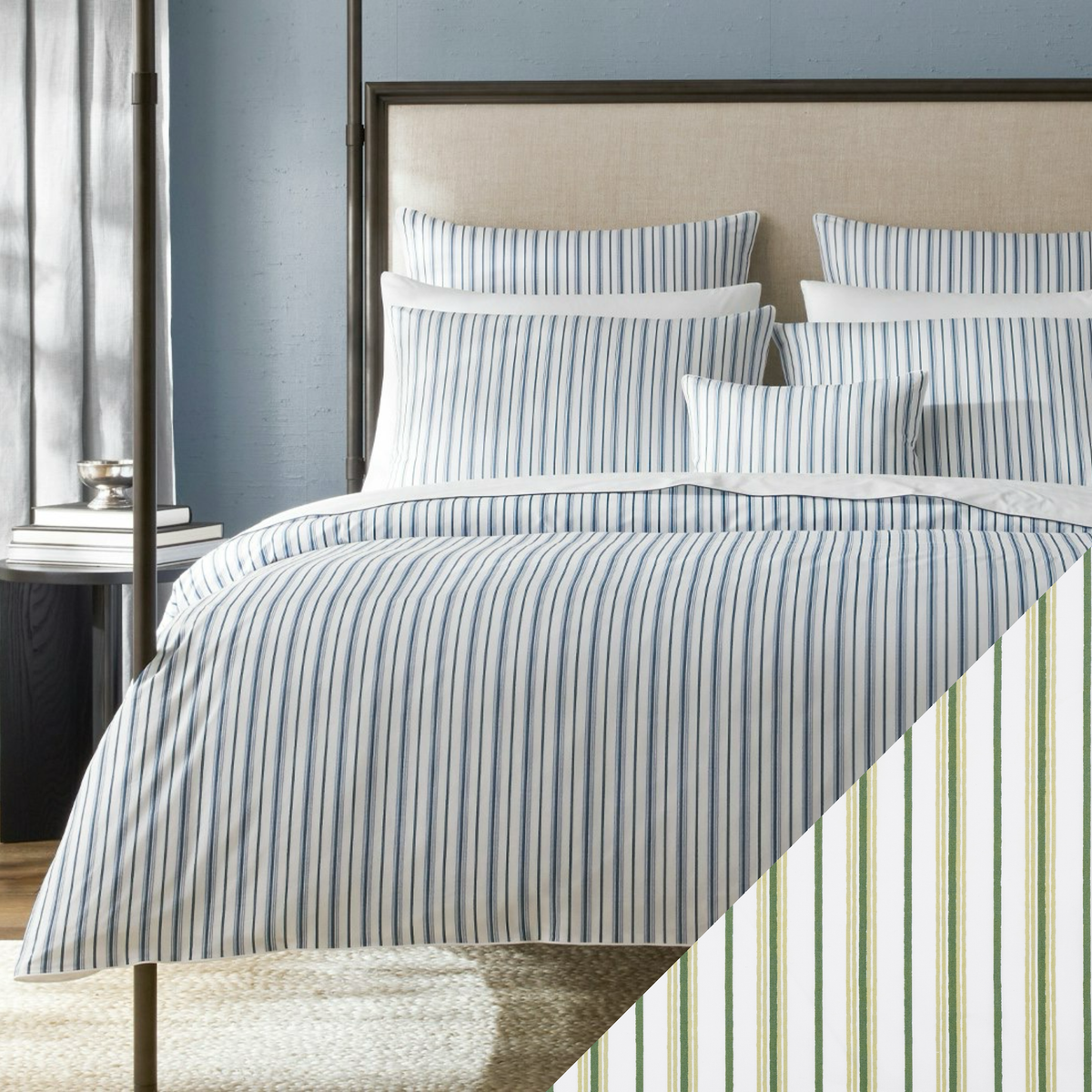 A bed with Matouk Schumacher Calypso Bedding in Prussian Blue collection and Palm colored swatch sample
