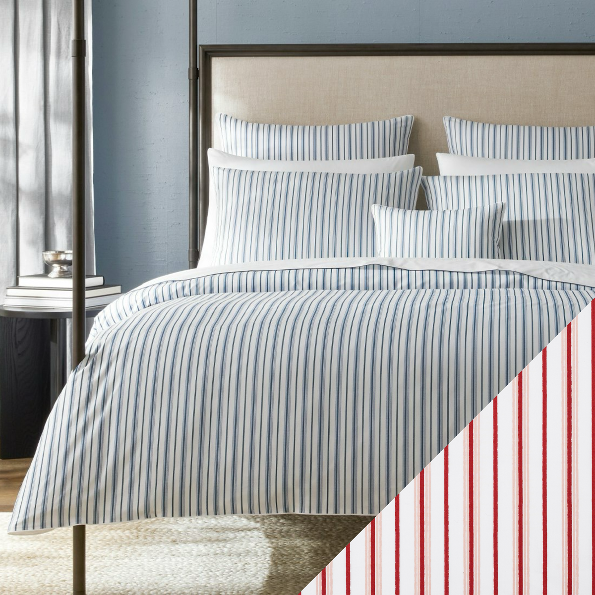 A bed with Matouk Schumacher Calypso Bedding in Prussian Blue collection and Red Berry colored swatch sample