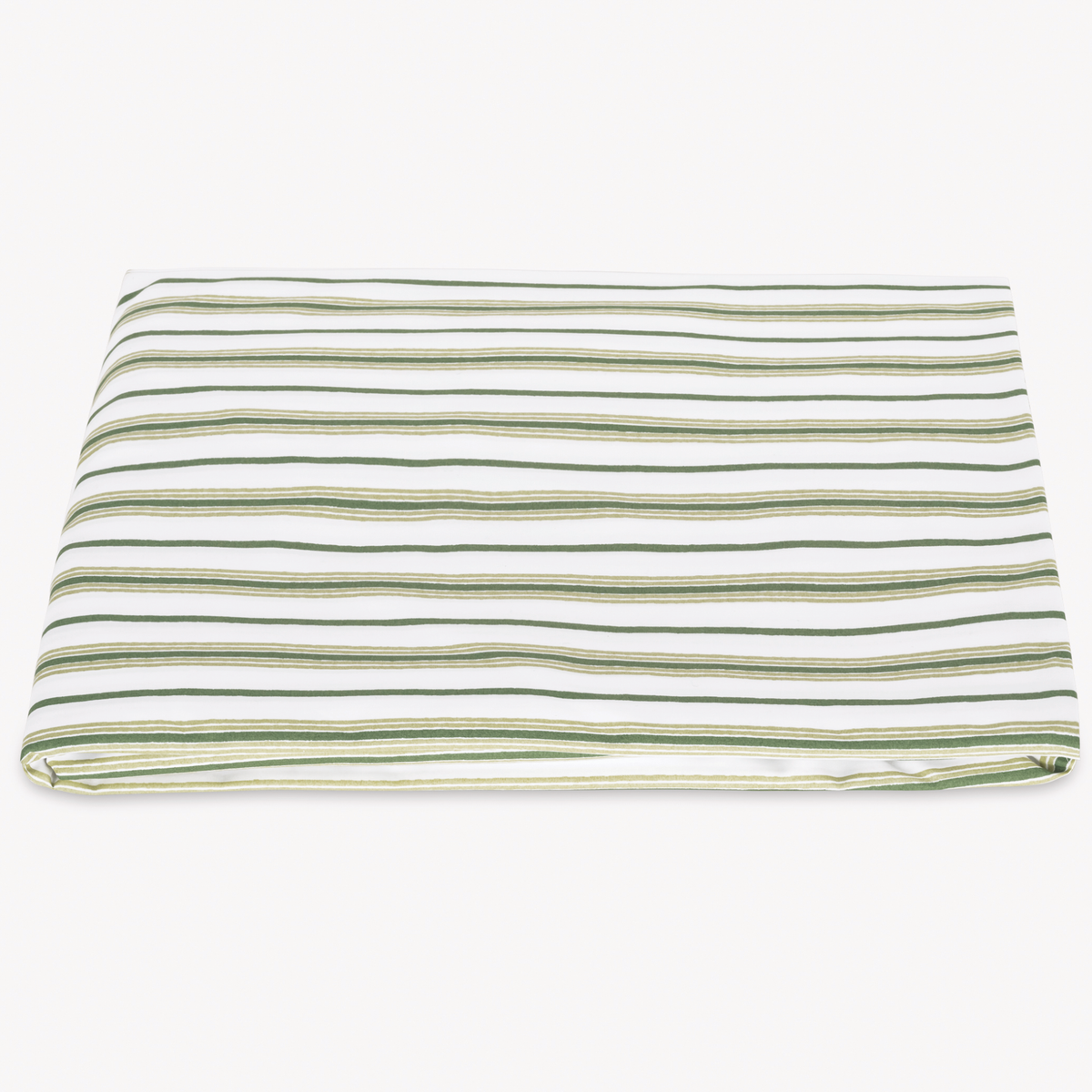 A neatly folded Matouk Calypso Bedding Fitted Sheet with Palm stripes
