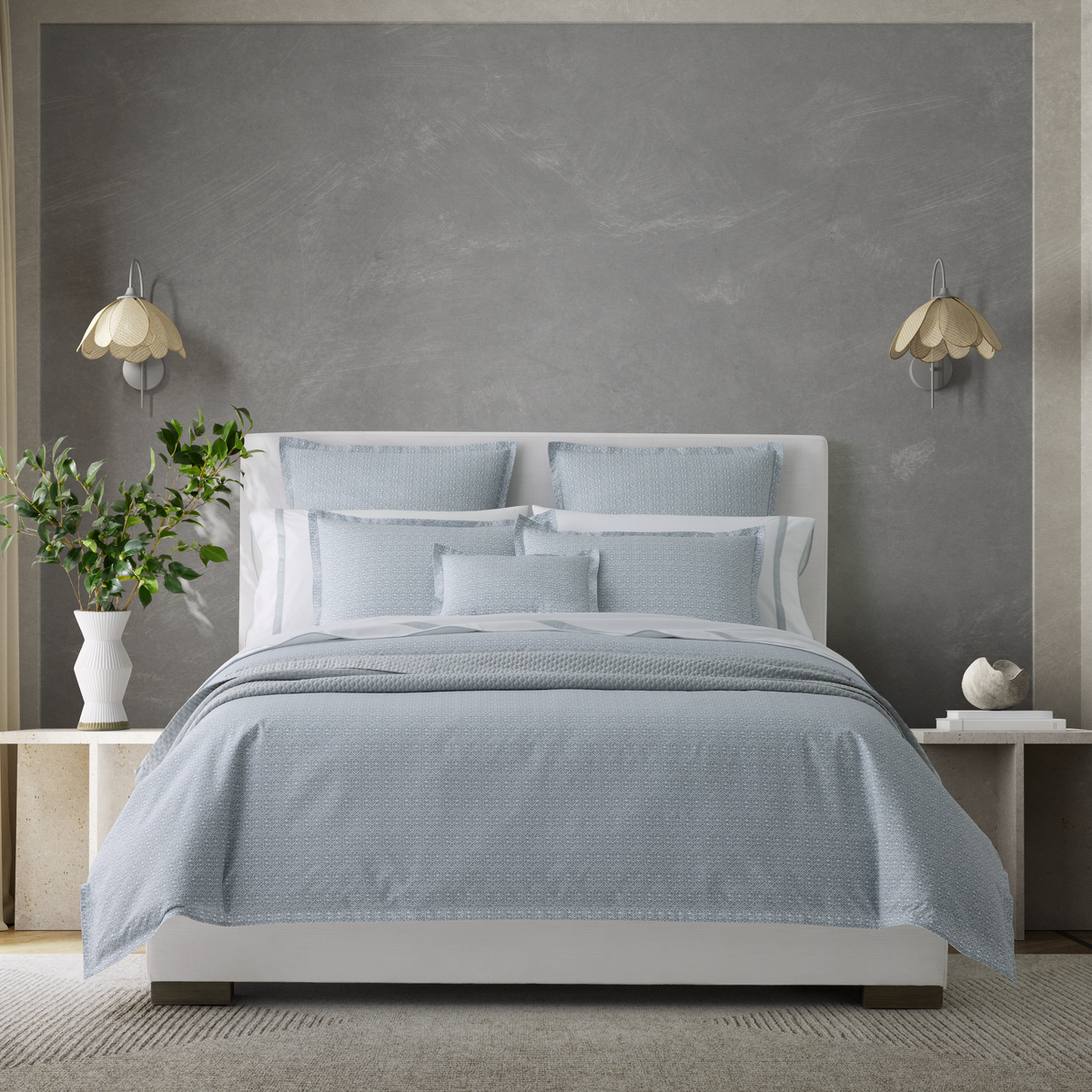 Full Bed Dressed in Matouk Schumacher Catarina Bedding in Hazy Blue Color