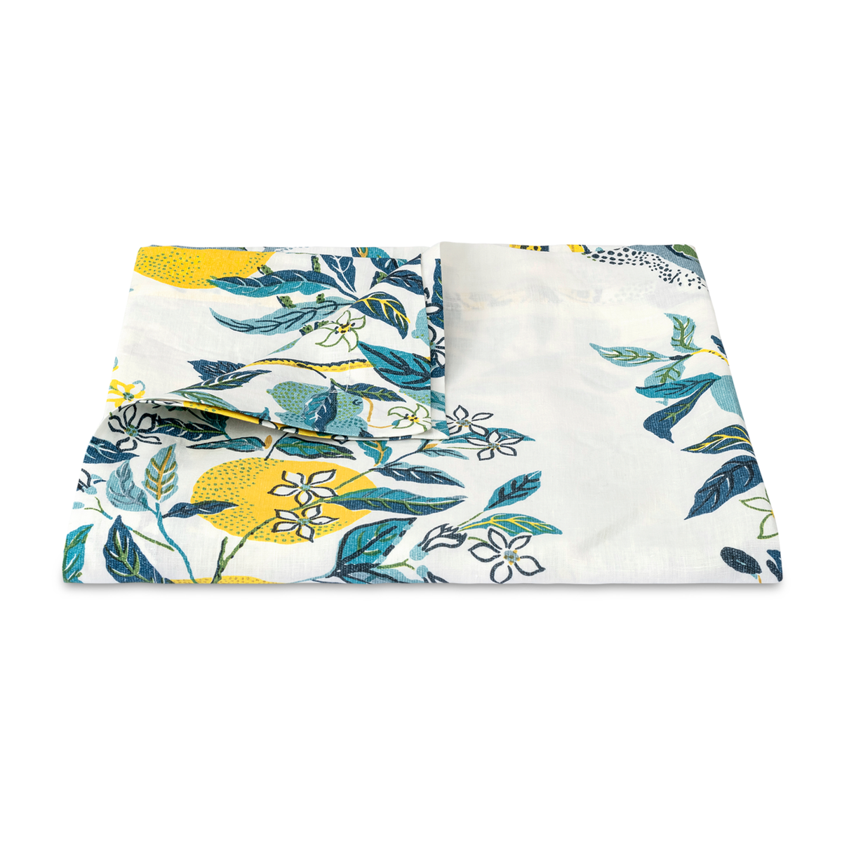 Folded Tablecloth of Matouk Schumacher Citrus Garden Table Linens in Pool Color