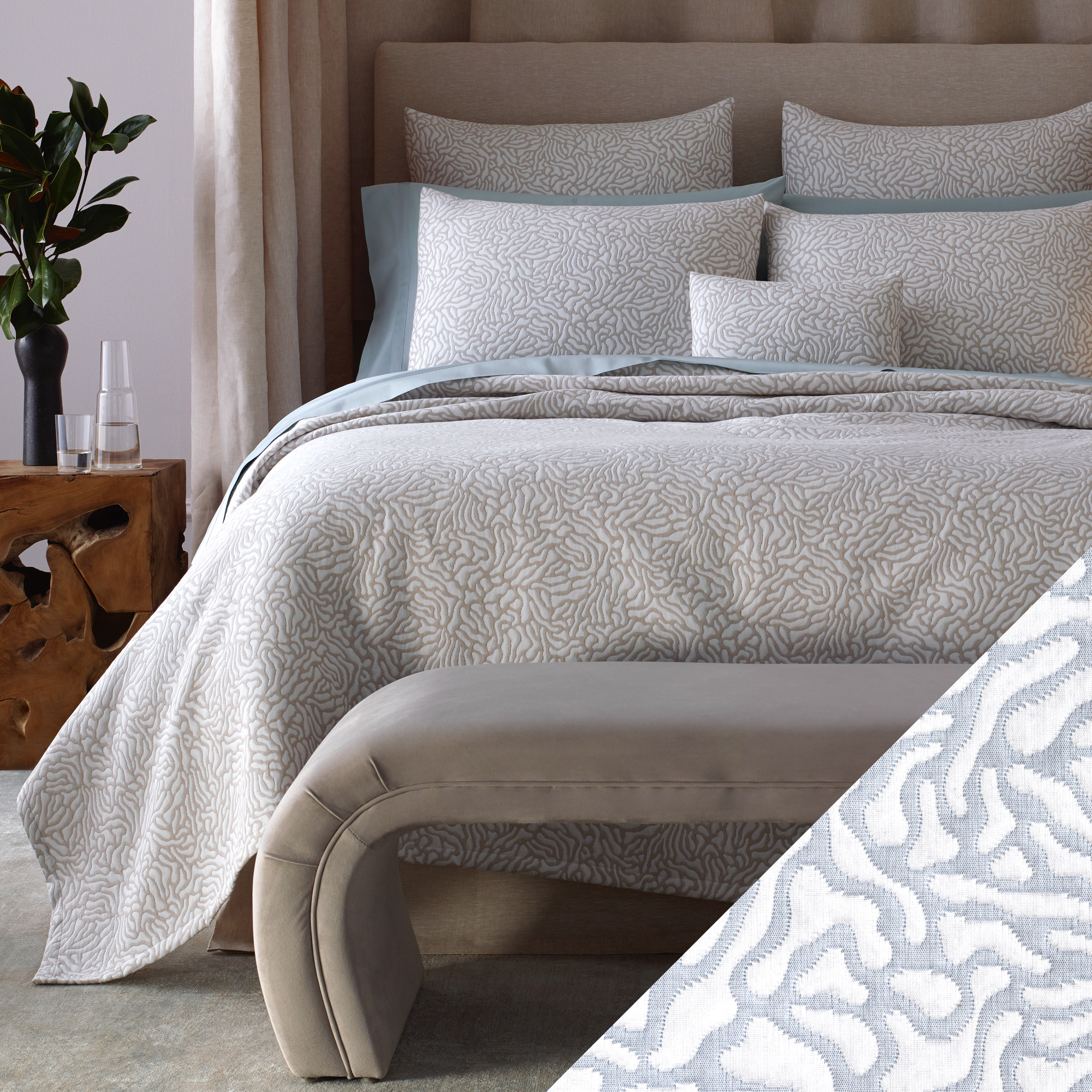Full Bed Dressed in Matouk Schumacher Cora Bedding in Natural White Color with Blue White Swatch