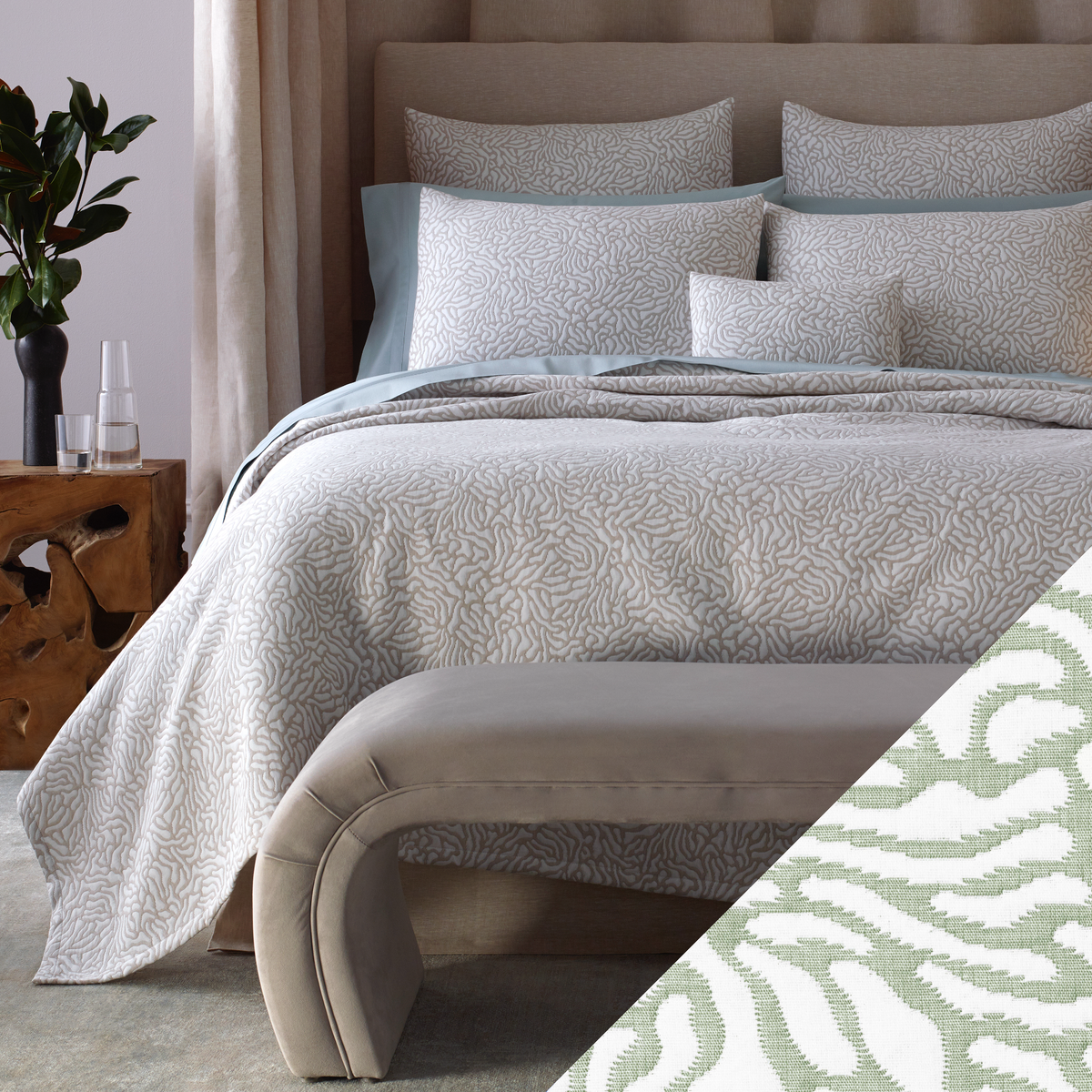 Full Bed Dressed in Matouk Schumacher Cora Bedding in Natural White Color with Grass Swatch