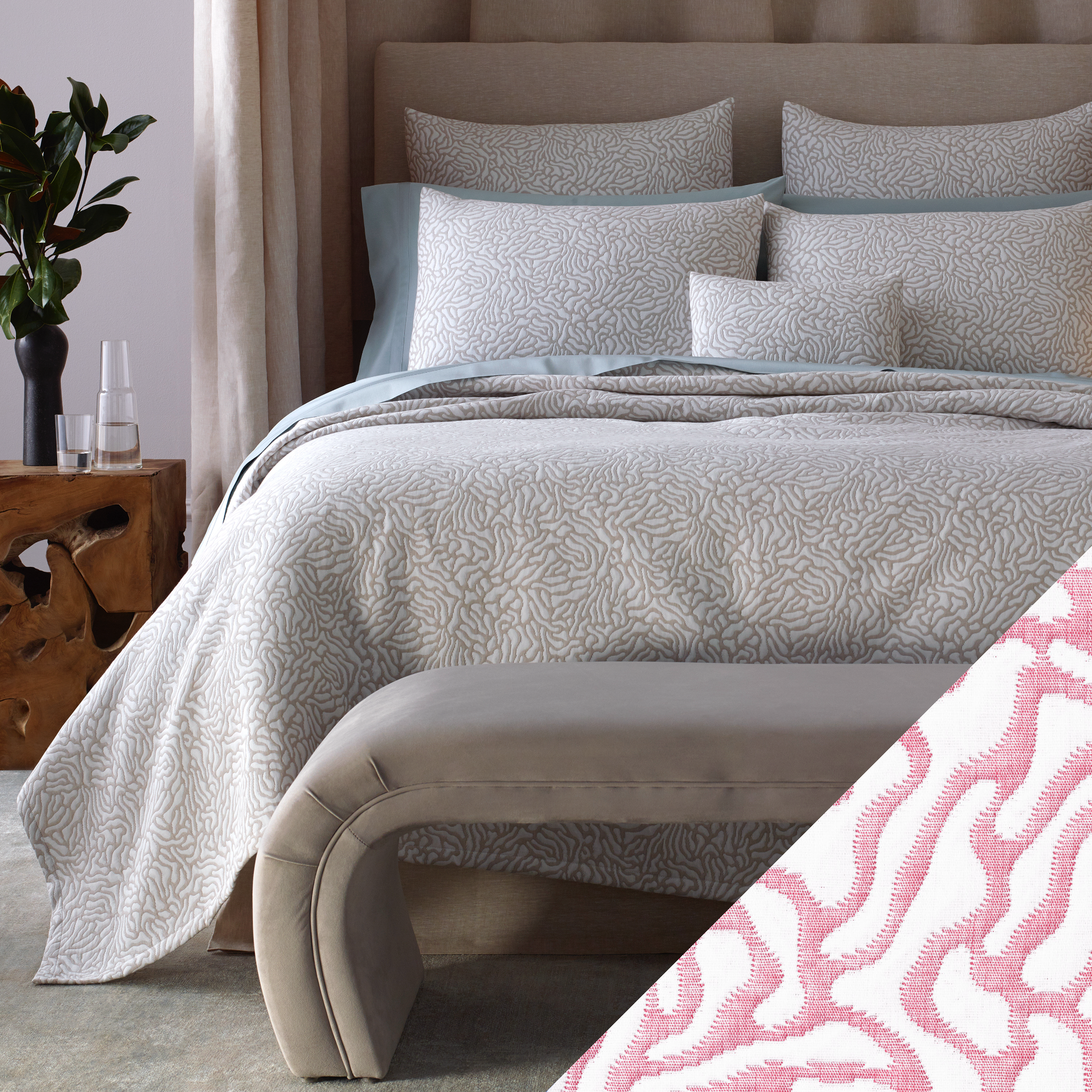 Full Bed Dressed in Matouk Schumacher Cora Bedding in Natural White Color with Peony Swatch